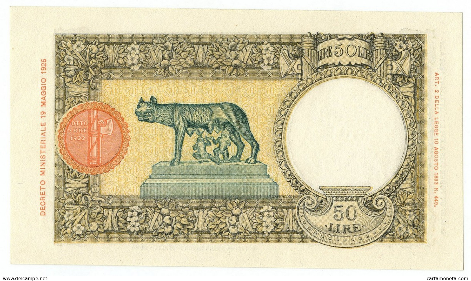 50 LIRE CAPRANESI LUPA CAPITOLINA MARGINE LARGO FASCIO ROMA 21/10/1938 FDS-/FDS - Otros