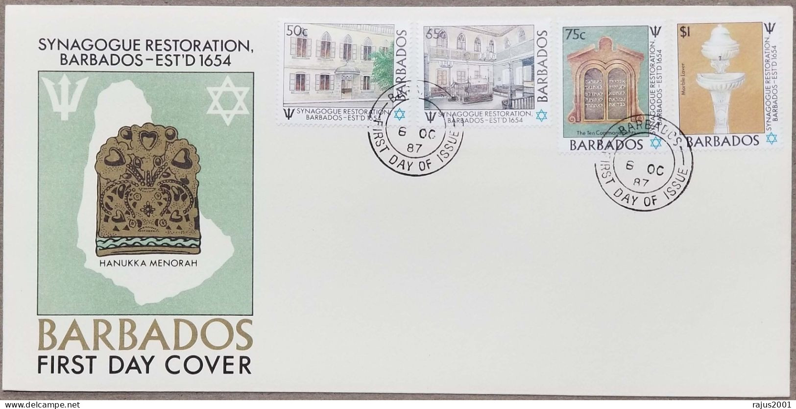 Synagogue Restoration David's Star, Ten Commandments, Marble Laver, Jews Judaica, Religion, Barbados FDC 1987 - Joodse Geloof