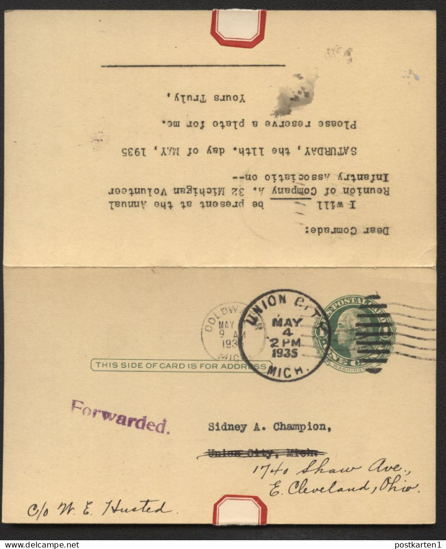 UY7 Postal Card With Reply Coldwater MI To Union City MI FORWARDED Cleveland OH 1935 - 1901-20