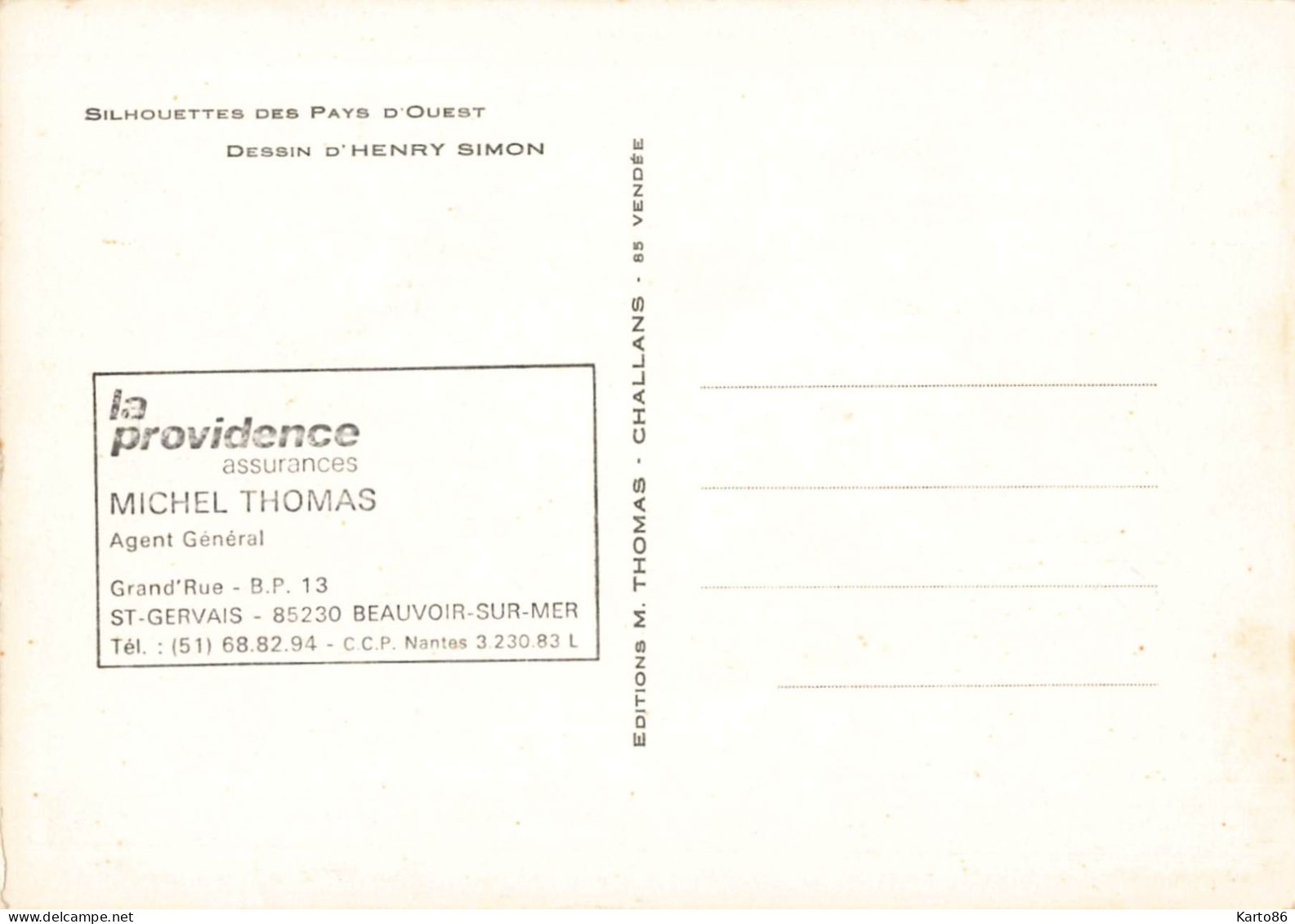 Beauvoir Sur Mer * CACHET La Providence Assurances Michel THOMAS Grand'rue , Sur CP Silhouettes Henry SIMON - Beauvoir Sur Mer