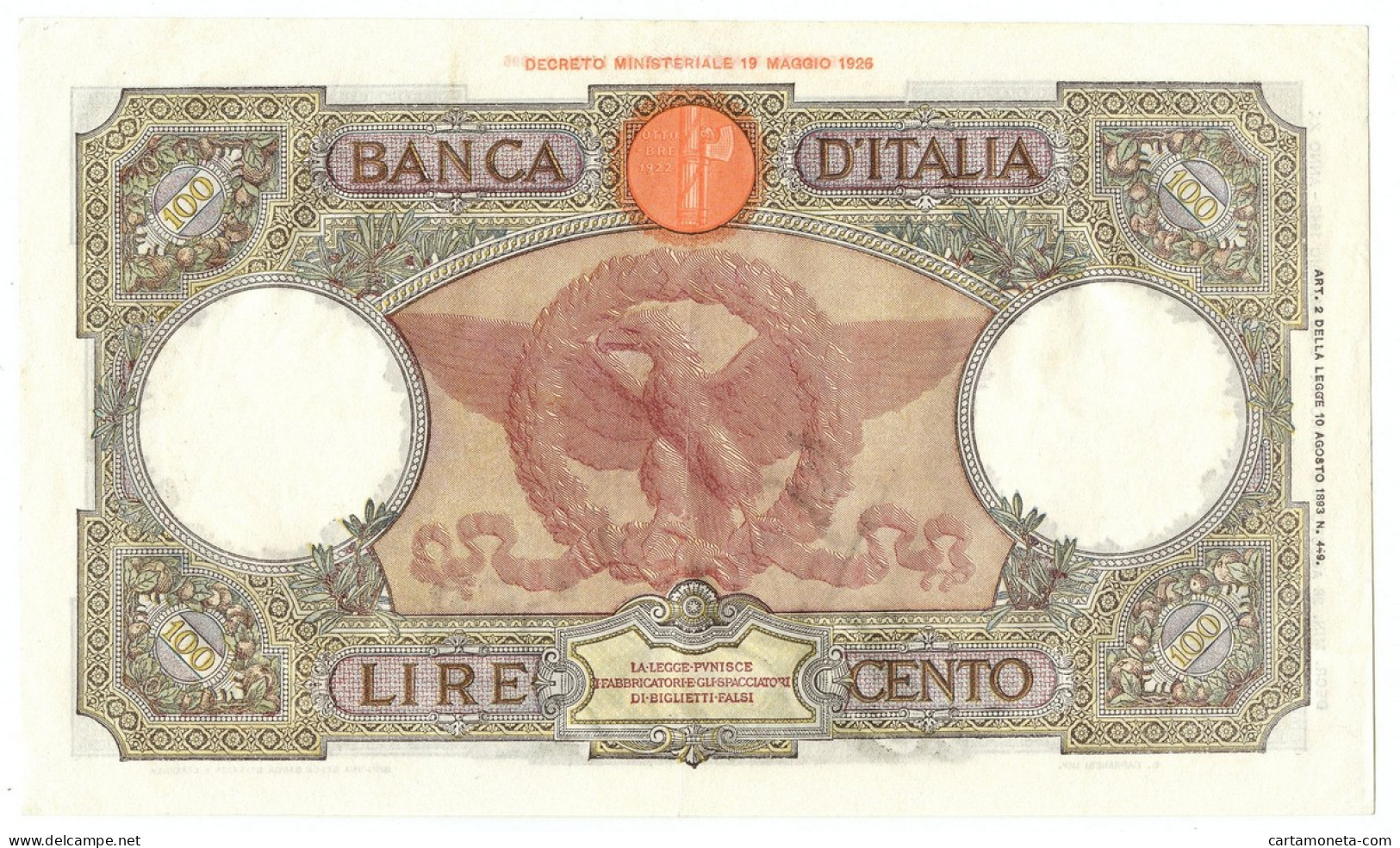 100 LIRE CAPRANESI AQUILA ROMANA TESTINA FASCIO L'AQUILA 28/08/1942 SPL/SPL+ - Regno D'Italia - Altri