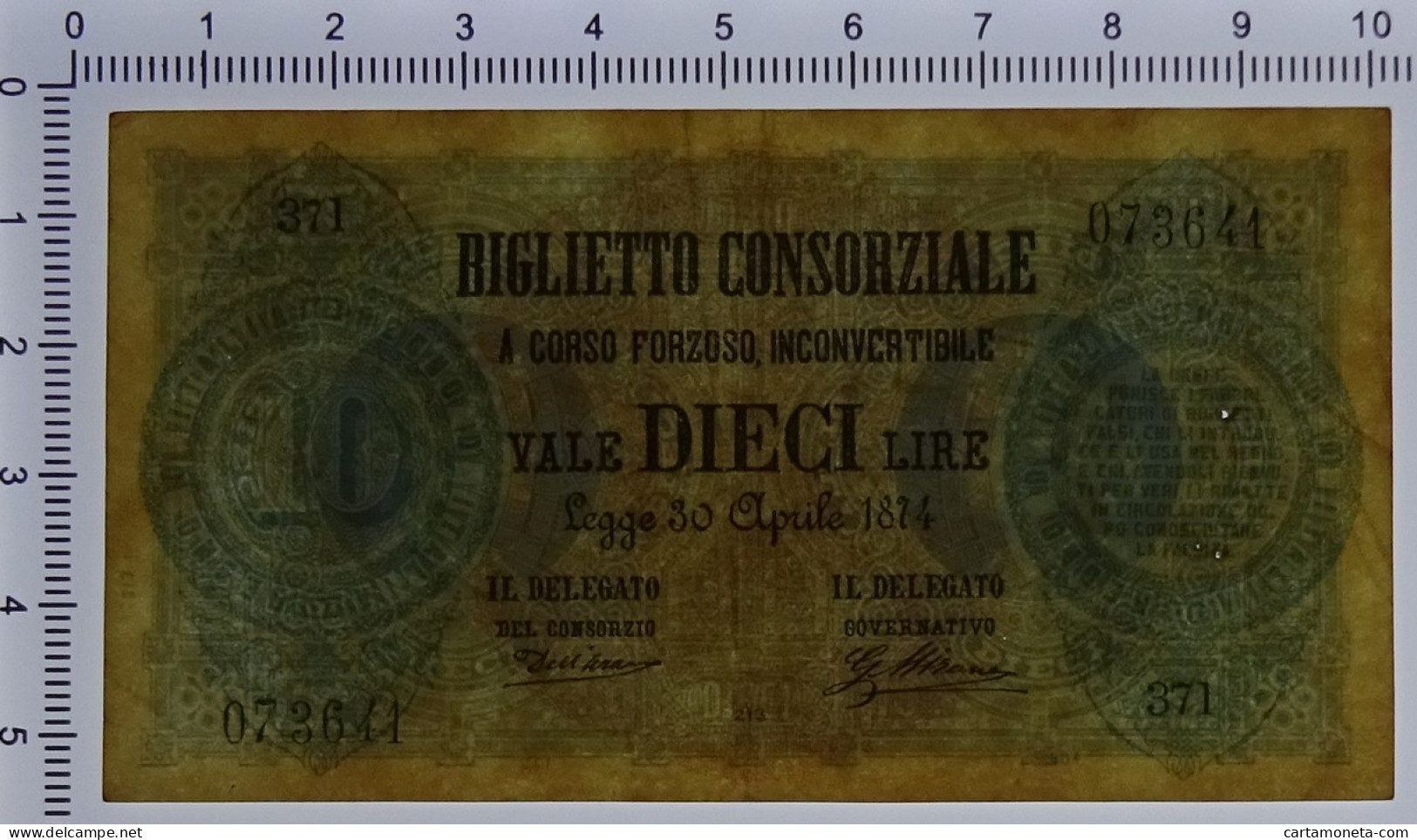 10 LIRE BIGLIETTO CONSORZIALE REGNO D'ITALIA 30/04/1874 BB/SPL