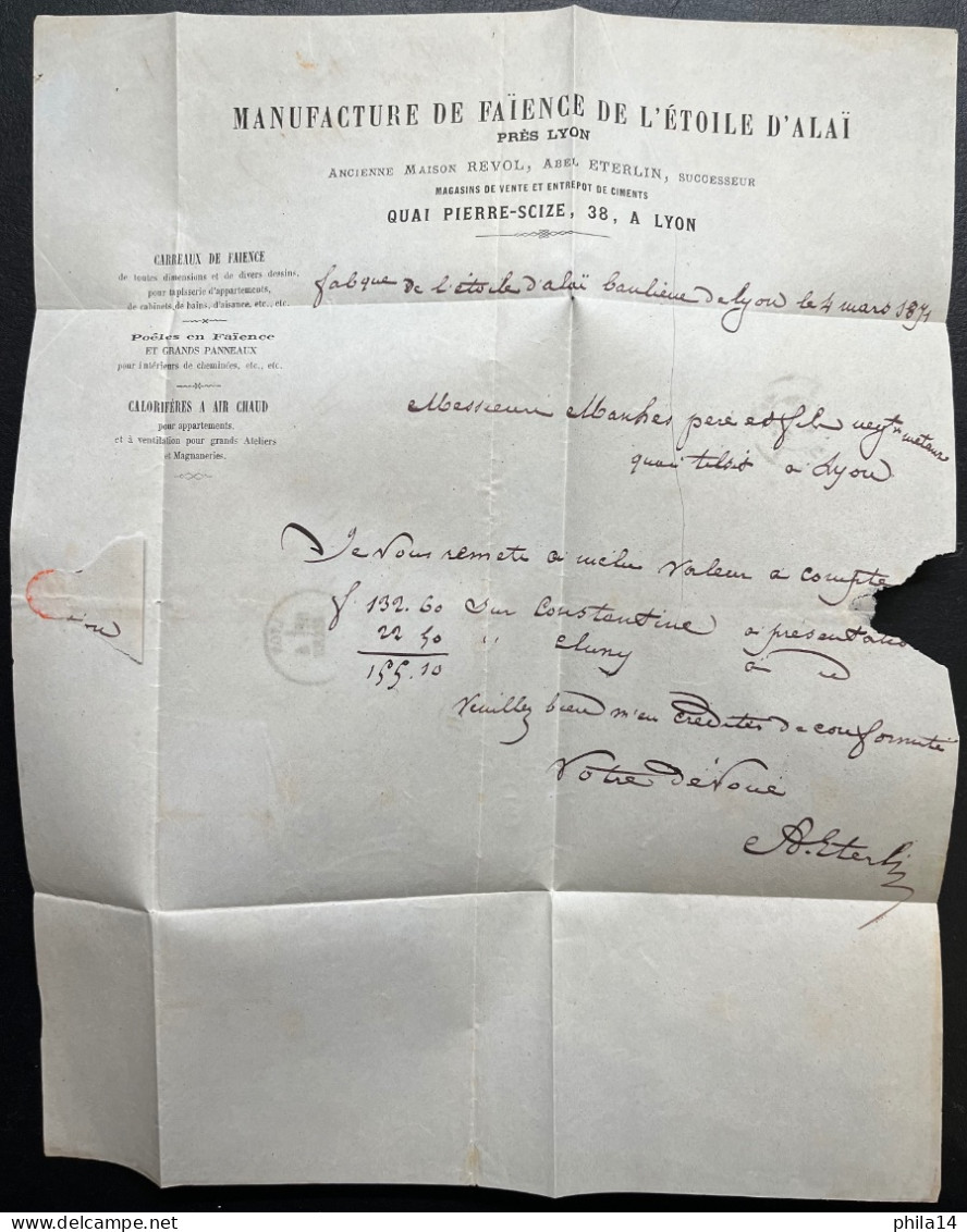 2X N°20 5c VERT SUR LETTRE / LYON POUR LYON / 4 MARS 1871 / LAC MANUFACTURE FE FAIENCE DE L'ETOILE D'ALAI / OR - Cartas & Documentos