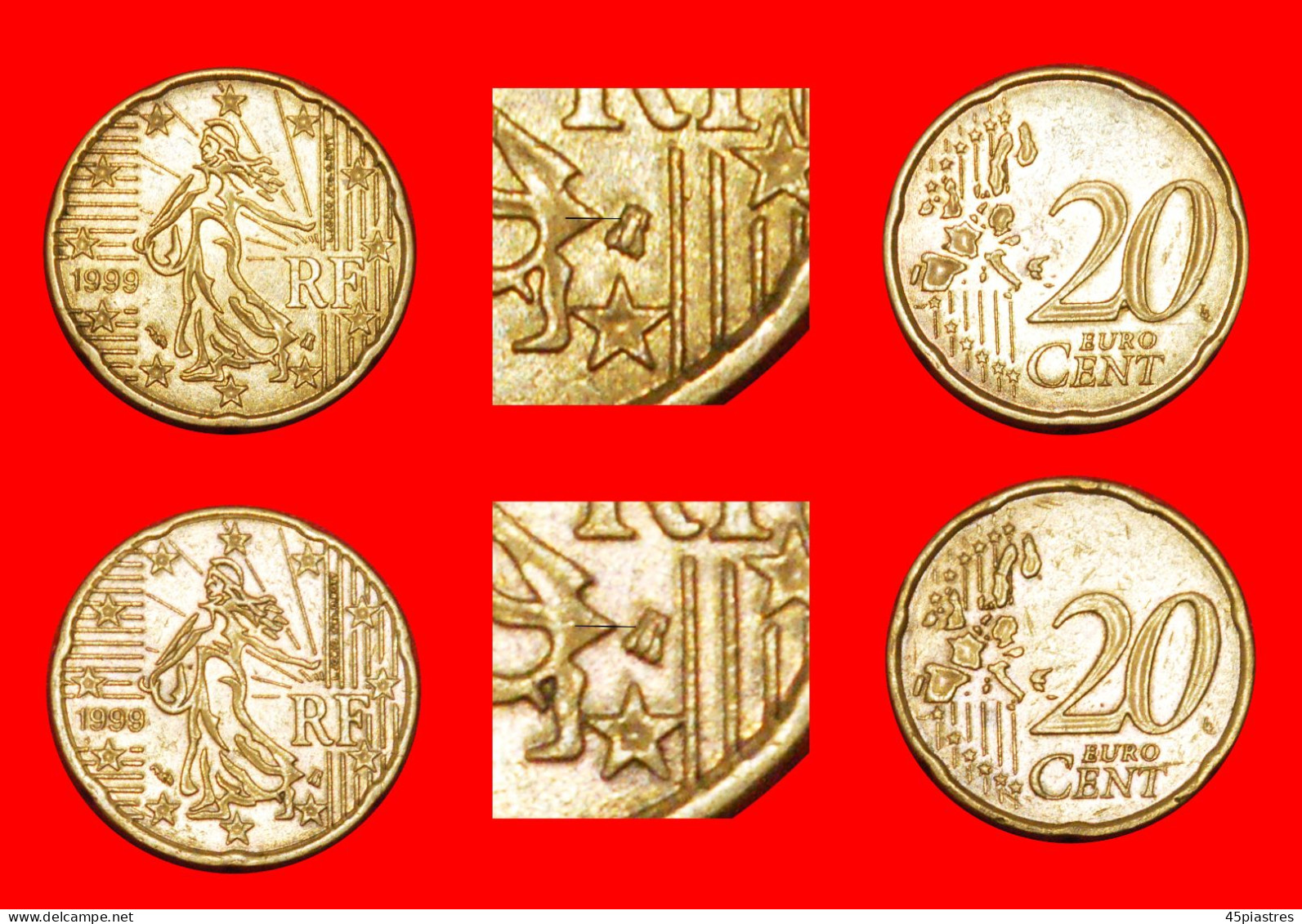 * ERROR NORDIC GOLD (1999-2006): FRANCE  20 EURO CENTS 1999 BOTH TYPES!  · LOW START ·  NO RESERVE! - Errores Y Curiosidades