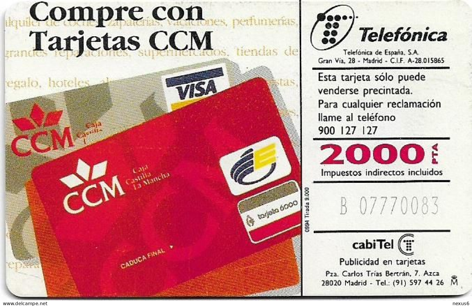 Spain - Telefónica - Provincias Españolas - Ciudad Real - CP-042 - 09.1994, 2.000PTA, 9.000ex, Used - Werbekarten