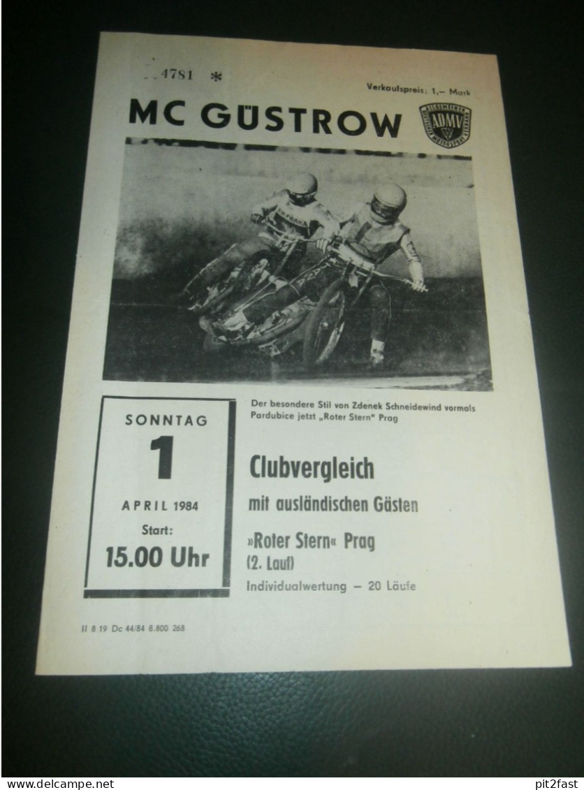 Speedway Güstrow 01.04.1984 , Prag , Programmheft , Programm , Rennprogramm !!! - Motos