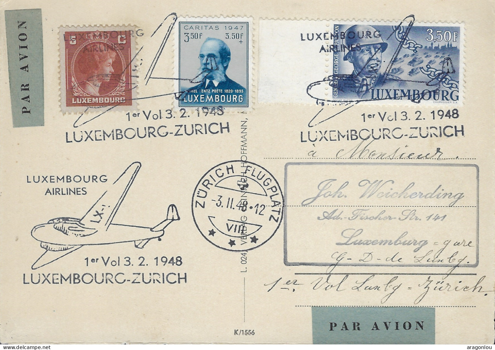 Luxembourg - Luxemburg - Carte , Luxembourg - Poste - Aérienne 1948 - Carte Postale , 1ière Vol Lux. Zürich - Gebraucht
