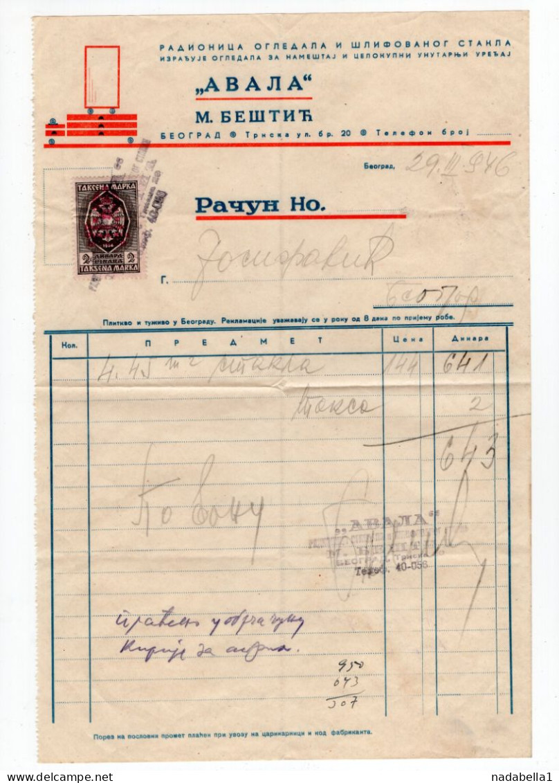 1946. YUGOSLAVIA,SERBIA,BELGRADE,AVALA,M.BESTIC,INVOICE ON LETTERHEAD,2 DIN. STATE REVENUE STAMP FNRJ OVERPRINT - Brieven En Documenten