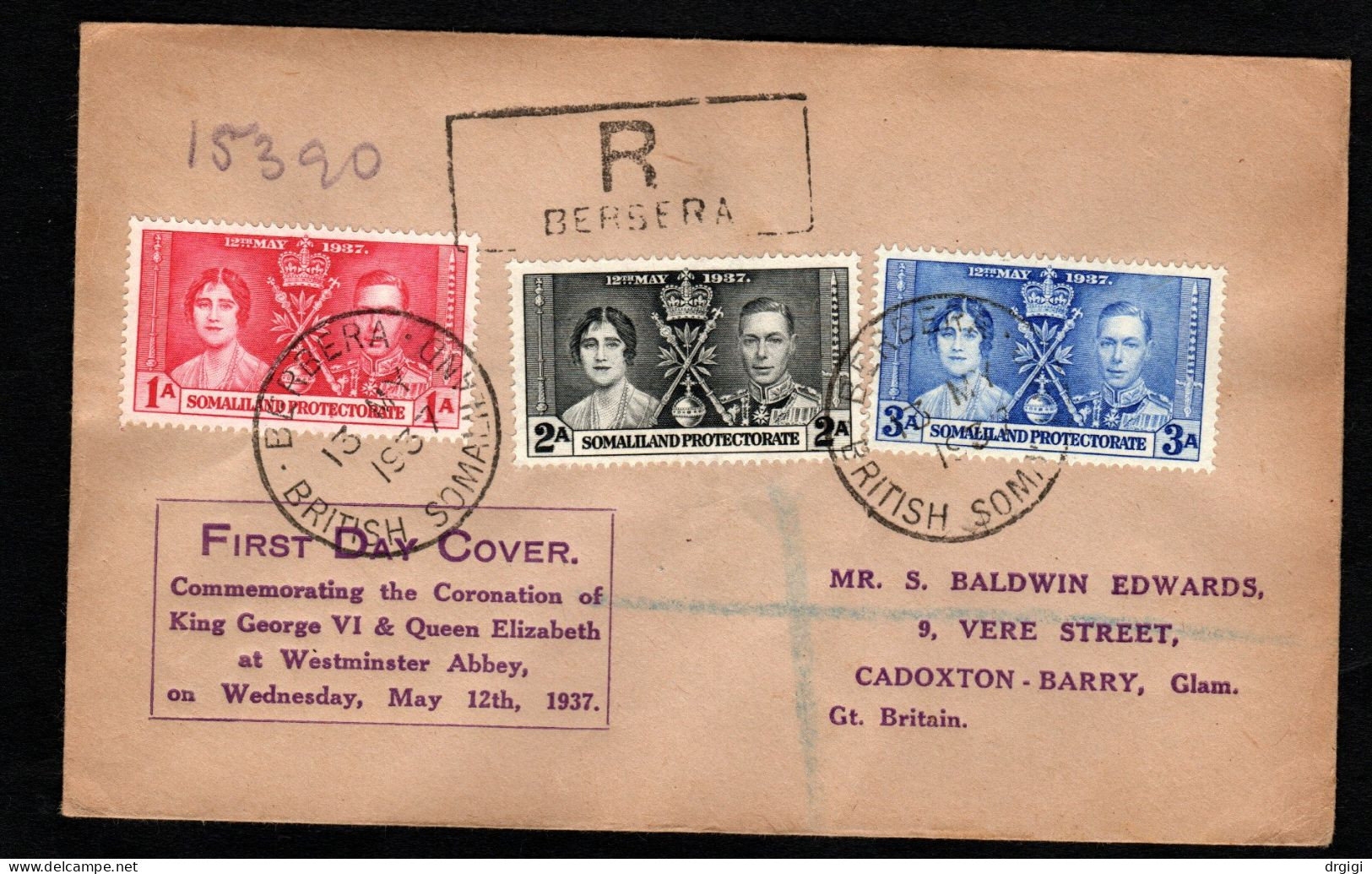 BRITISH SOMALILAND 1937, BUSTA FDC VIAGGIATA, BERBERA PER CADOXTON, REGNO UNITO - Somaliland (Herrschaft ...-1959)