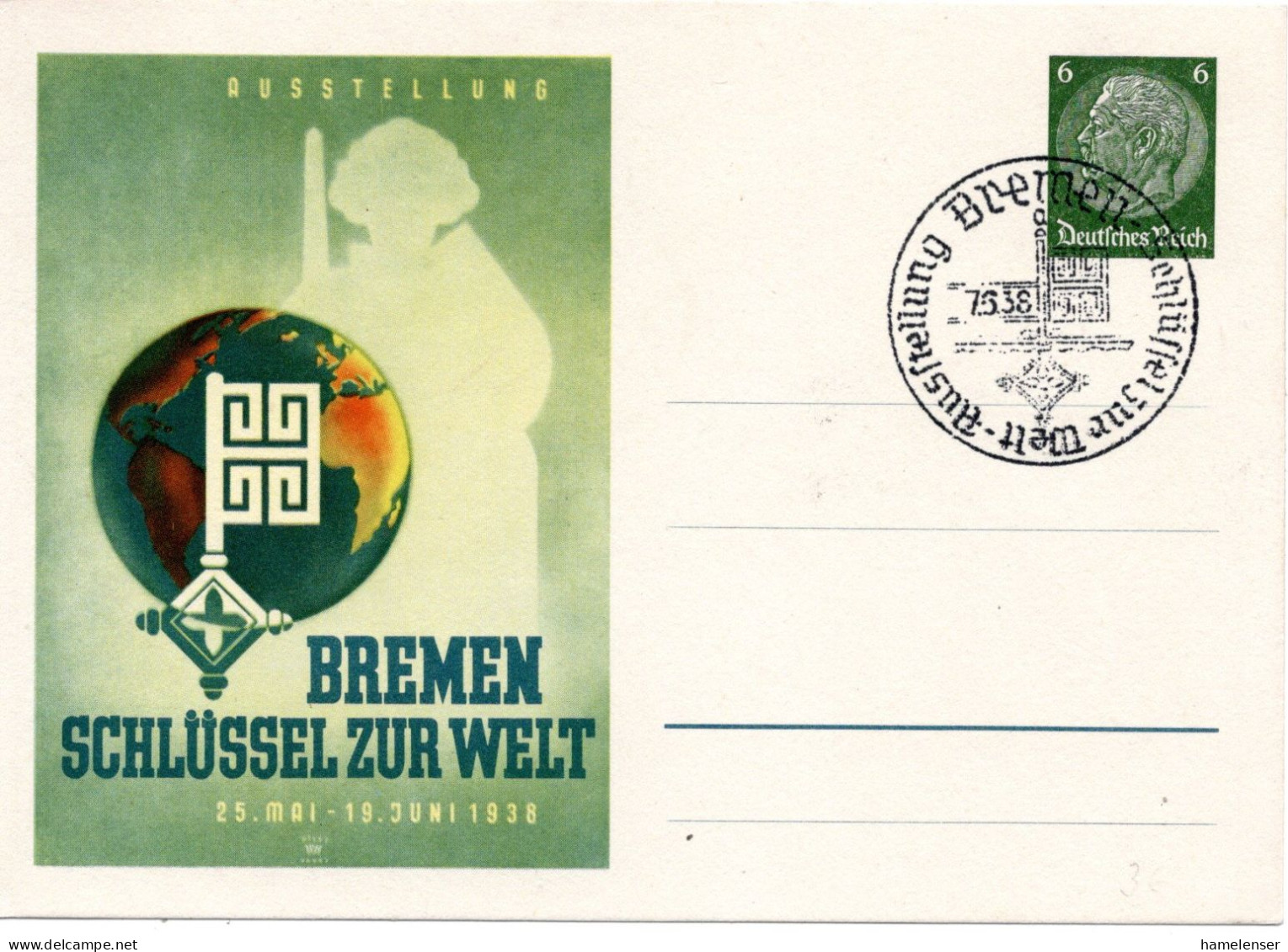 62027 - Deutsches Reich - 1938 - 6Pfg Hindenburg PGAKte "Bremen" SoStpl BREMEN - SCHLUESSEL ZUR WELT ... - Enteros Postales Privados