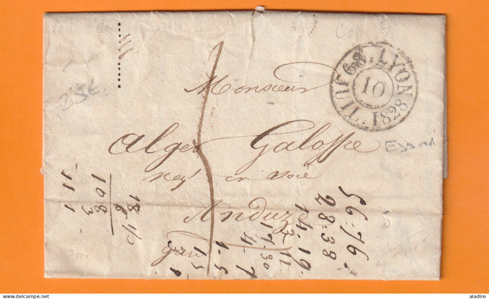 1828 - Cachet à Date D'essai LYON Sur Lettre Pliée De 2 Pages Vers ANDUZE, Gard - à M. Atger Galoffre, Négociant En Soie - 1801-1848: Précurseurs XIX