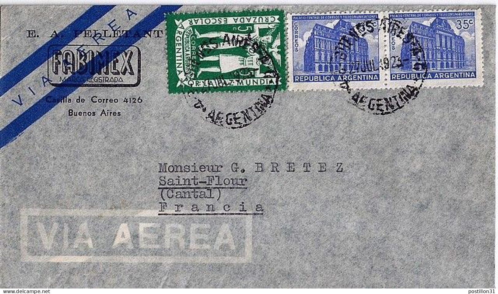 ARGENTINE N° 492/419x2 S/L. DE BUENOS AIRES/27.7.49 POUR LA FRANCE - Cartas & Documentos