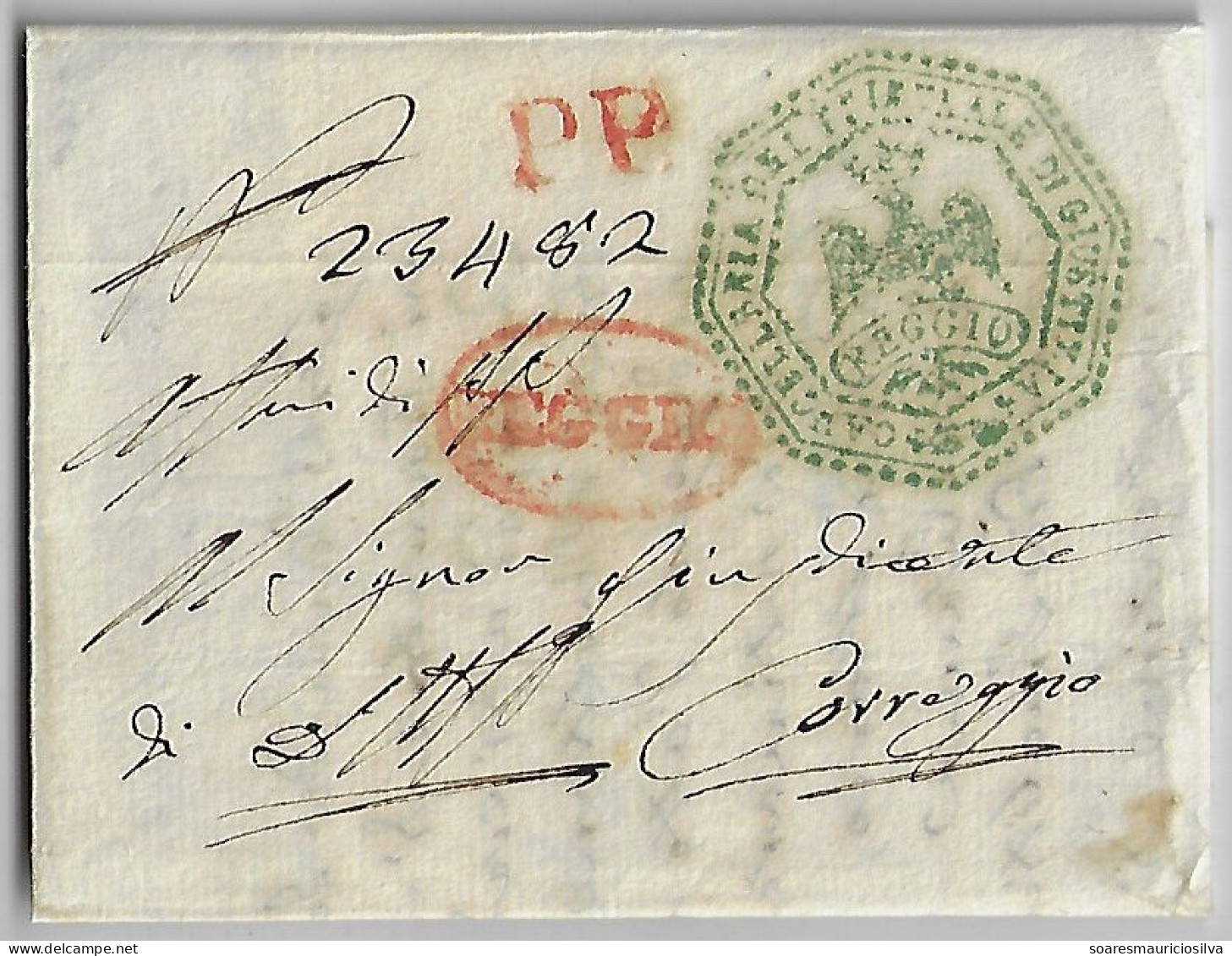 Italy Modena 1842 Fold Cover Registered From Reggio To Caravaggio Bollata 25 Cents Eagle Cancel Paper With Watermark - Modena