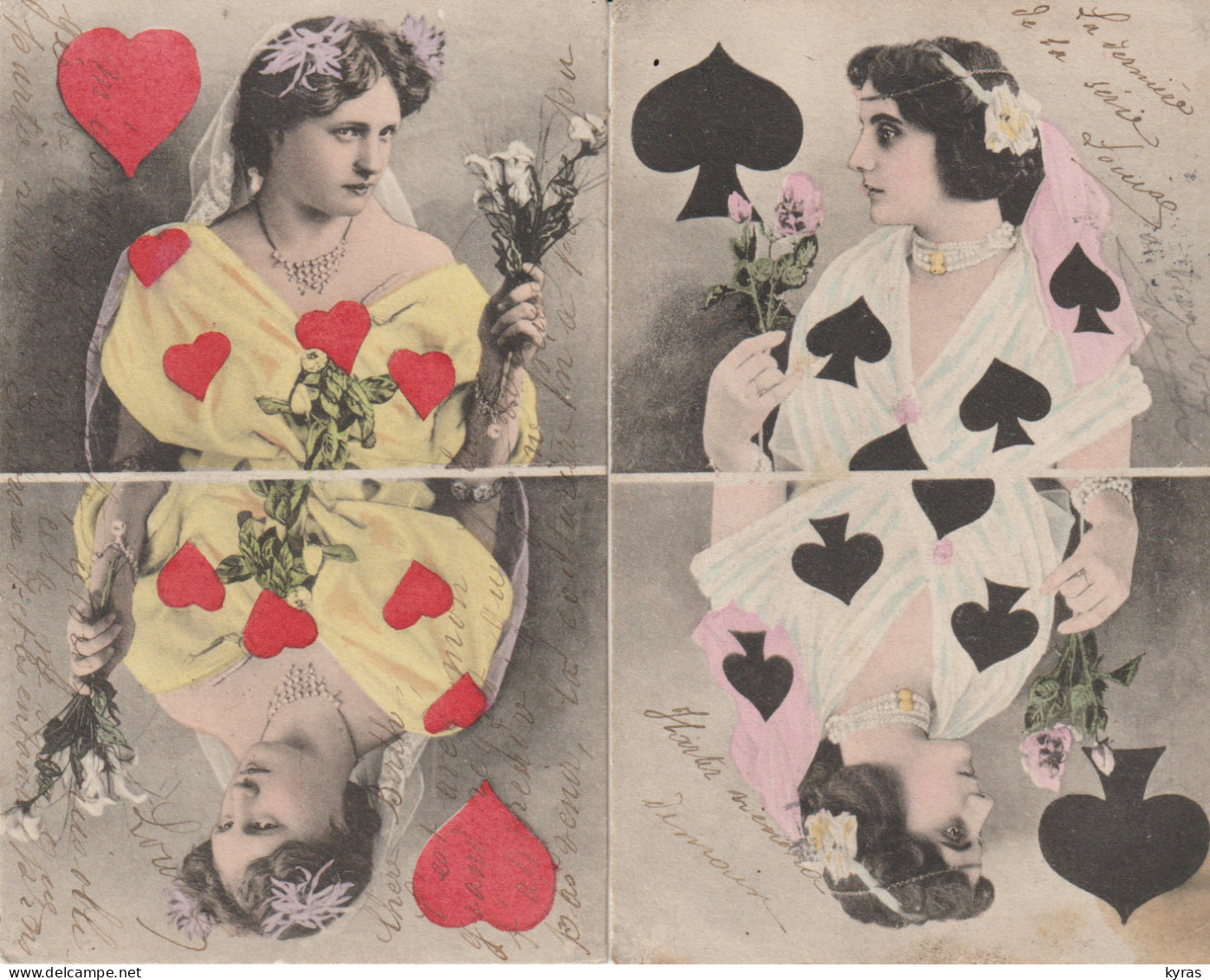 Lot De 4 Cpa : Cartes à Jouer . Les 4 DAMES :Trèfle, Coeur, Pique, Et Carreau - Cartes à Jouer