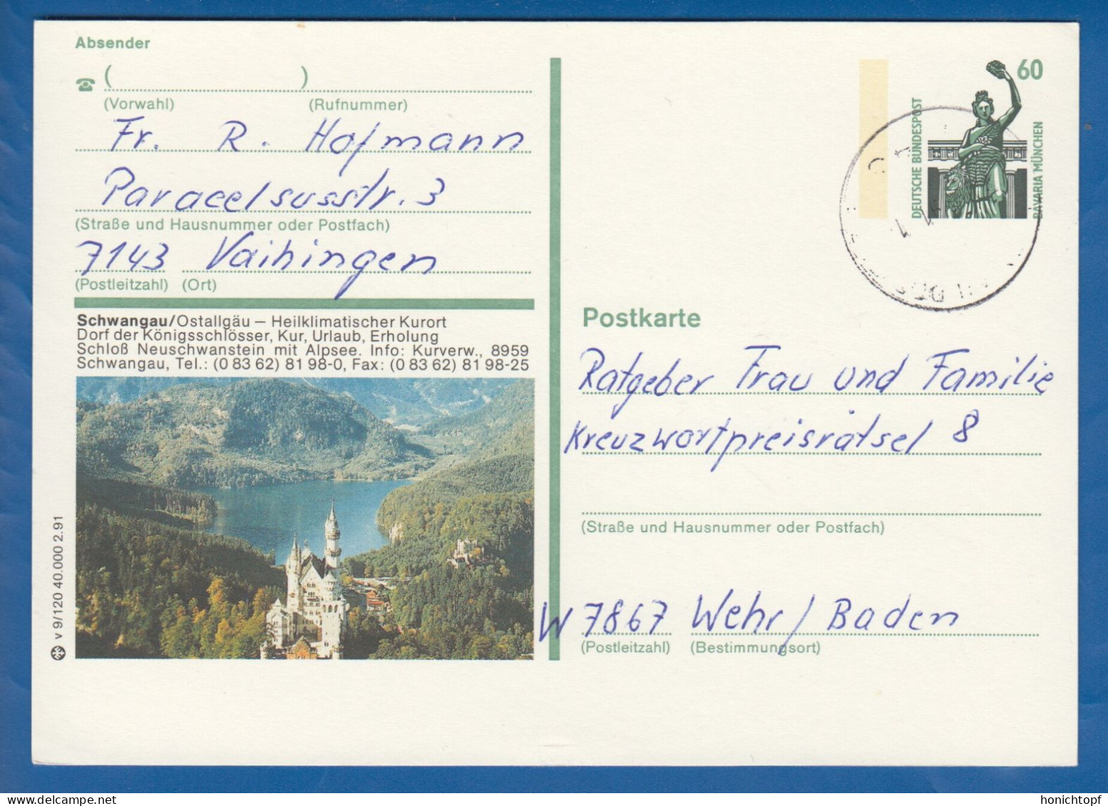 Deutschland; BRD; Postkarte; 60 Pf Bavaria München; Schwangau; Ostallgäu - Bildpostkarten - Gebraucht