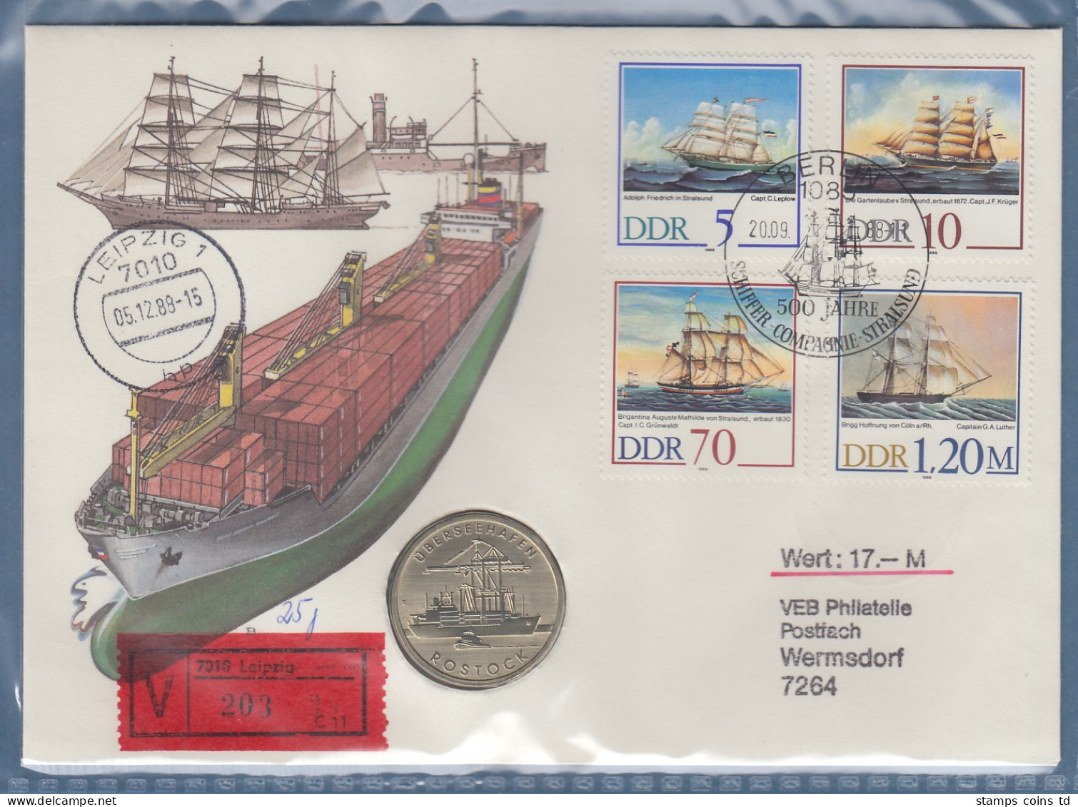 DDR 1989 Numisbrief Mit 5 Mark Überseehafen Rostock  Als Wertbrief Gelaufen - Sonstige & Ohne Zuordnung