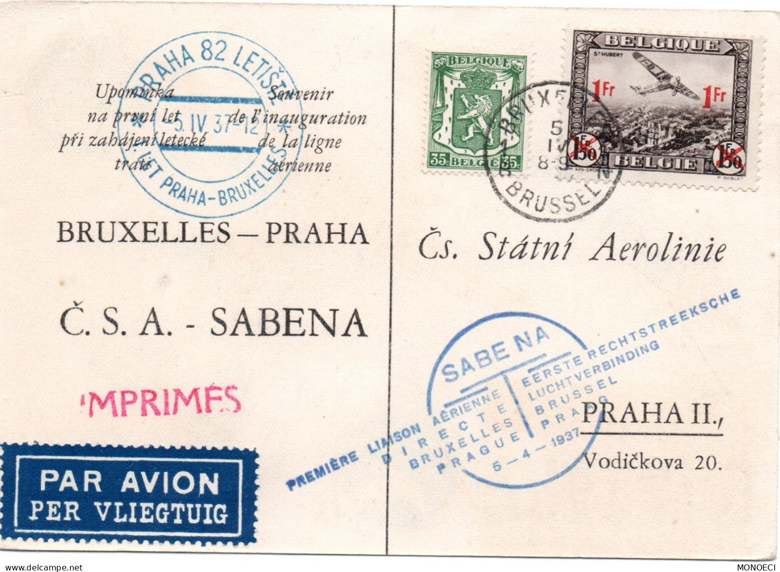 BELGIQUE -- Carte Postale --5.IV.1937 -- BRUXELLES - PRAHA -- C.S.A - SABENA - Documents Commémoratifs