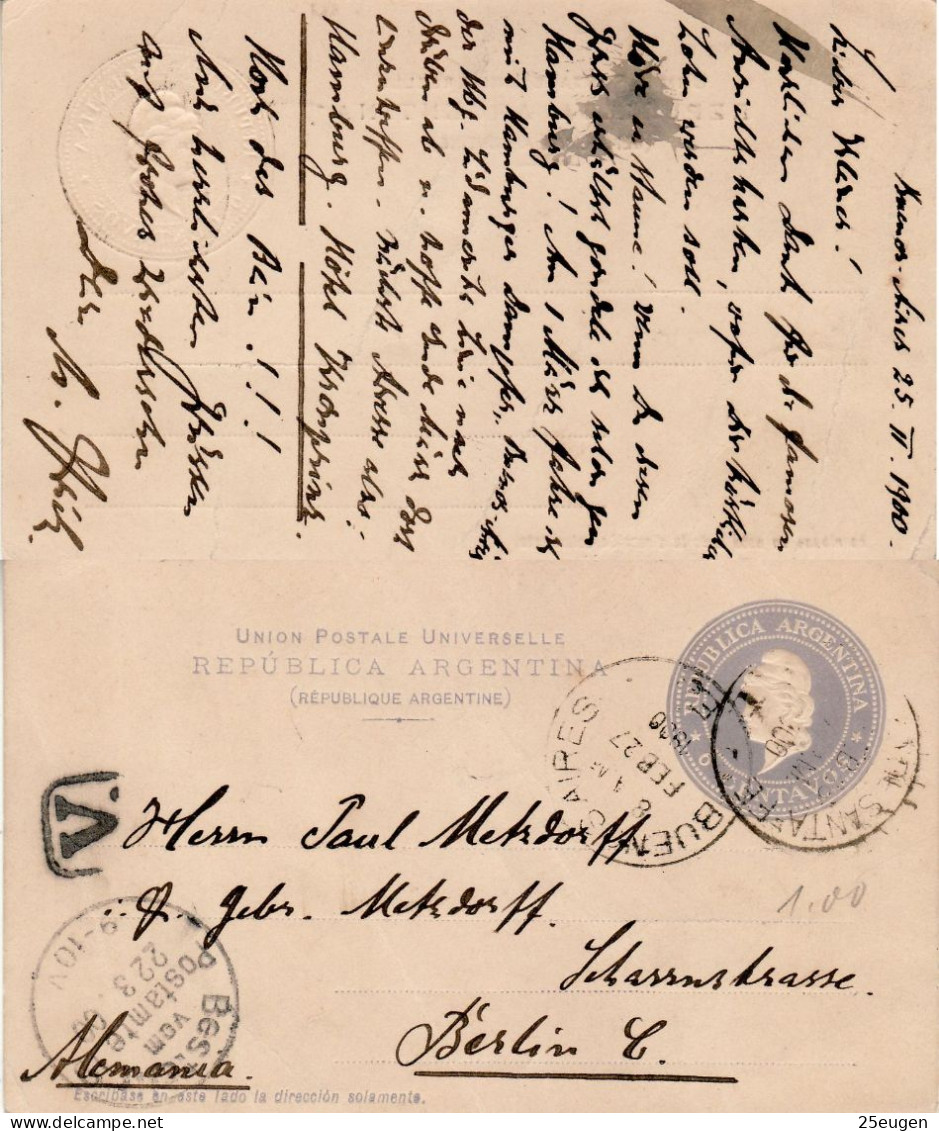 ARGENTINA 1900 POSTCARD SENT TO BERLIN - Covers & Documents