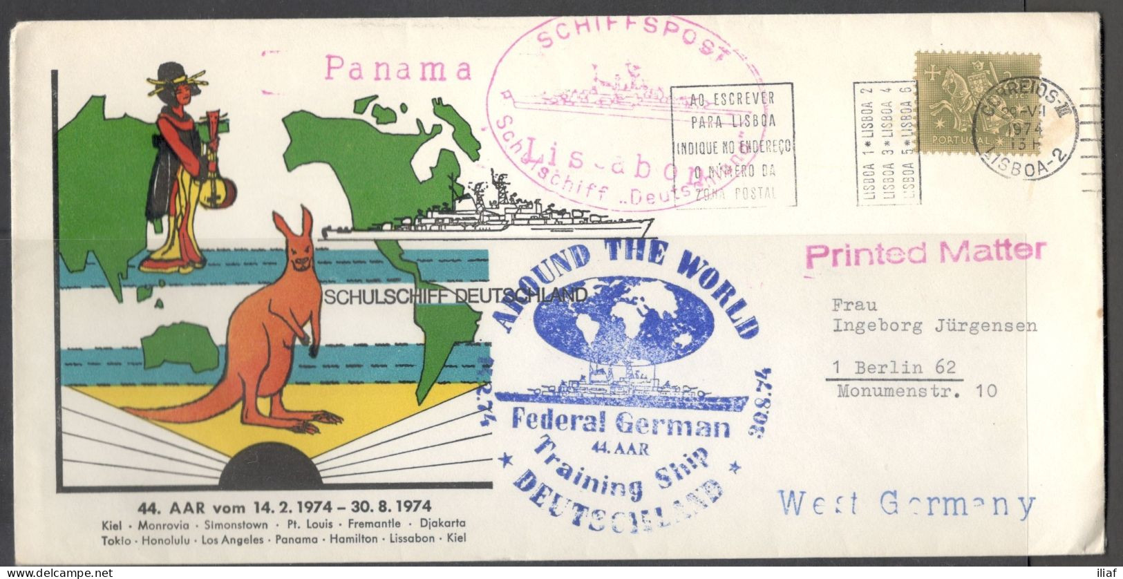 Portugal.   Federal German Training Ship “Deutschland” 1974. Around The World.    Special Cancellation On Special Cover. - Cartas & Documentos
