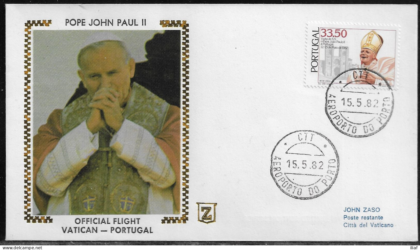 Portugal.   Pastoral Visit Of Pope John Paul II To Portugal. Official Flight Vatican-Portugal.  Special Cancellation - Briefe U. Dokumente