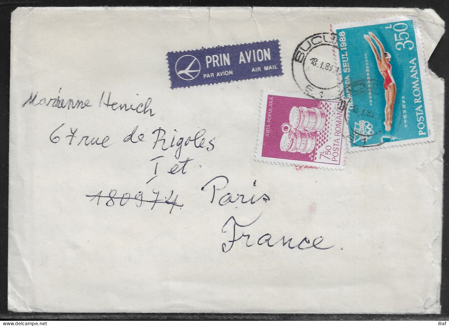 Romania. Stamps Sc. 3112, 3530 On Air Mail Letter, Sent From Bucharest On 18.01.1989 To France. Letter Inside - Storia Postale