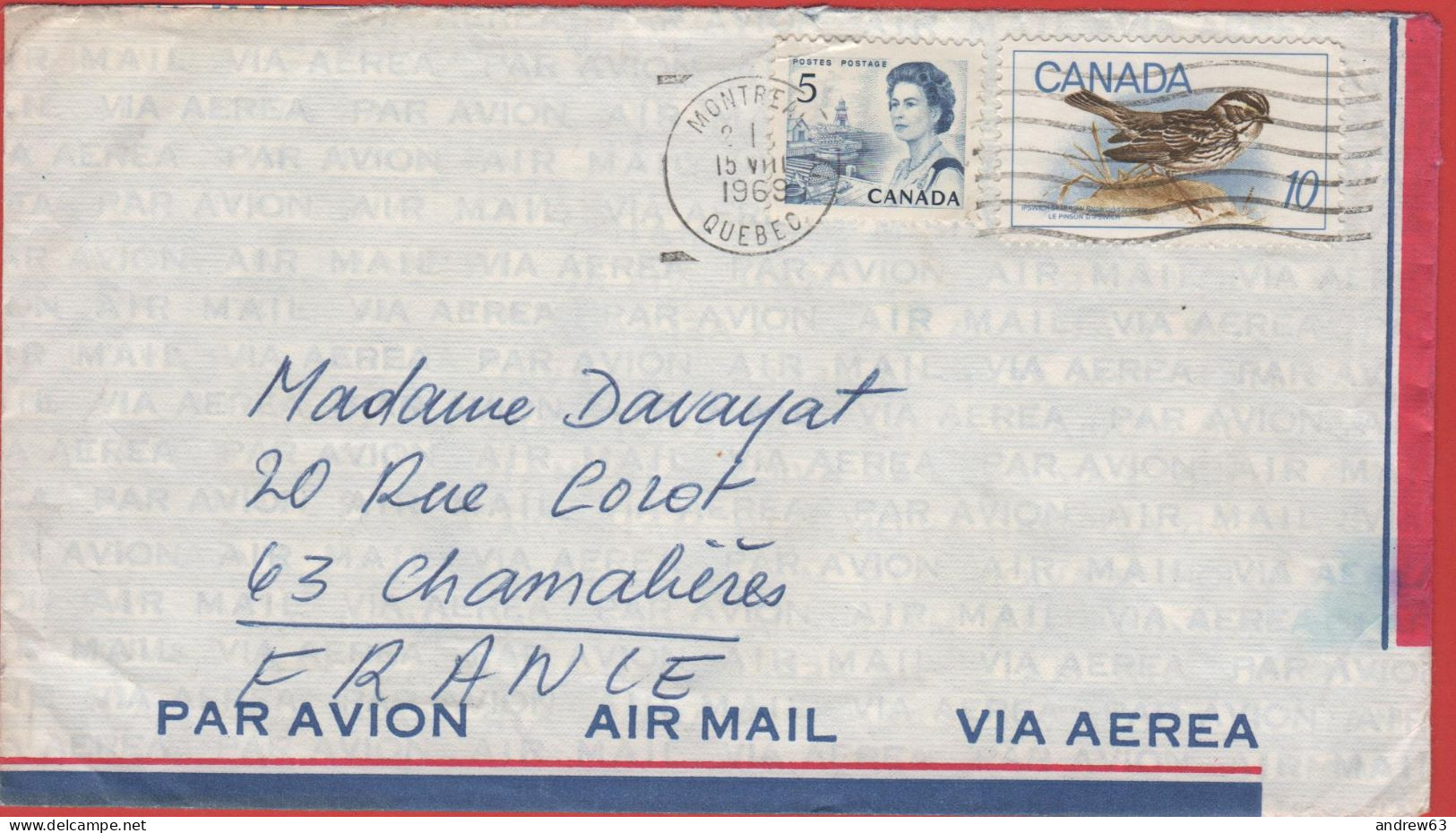 CANADA - 1969 - 5c + 10c Bird (Ipswich Sparrow) - Air Mail - Viaggiata Da Montreal Per Chamalières, France - Lettres & Documents