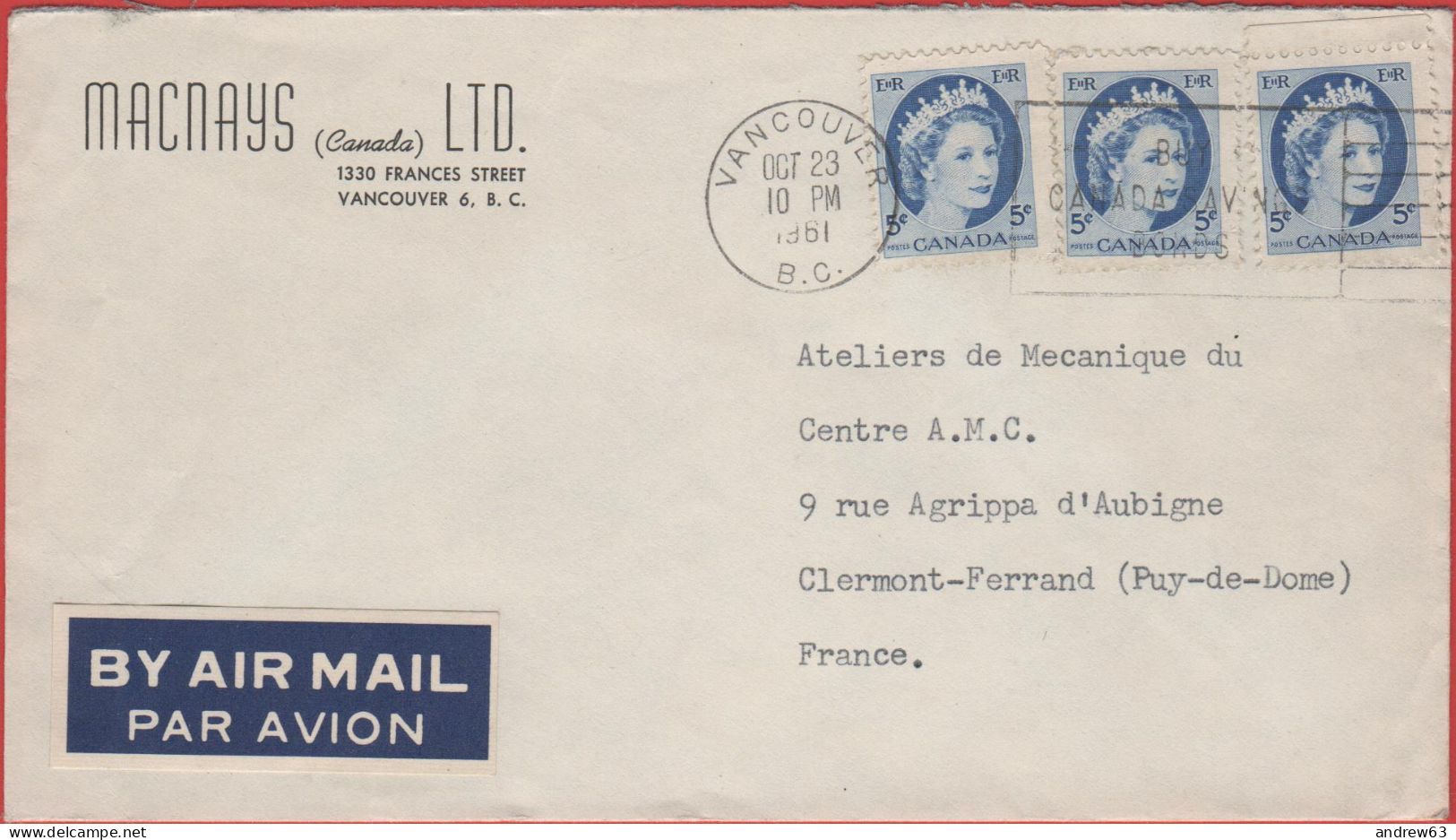 CANADA - 1961 - 3x 5c - Air Mail - Macnays Ltd - Viaggiata Da Vancouver Per Clermont-Ferrand, France - Lettres & Documents