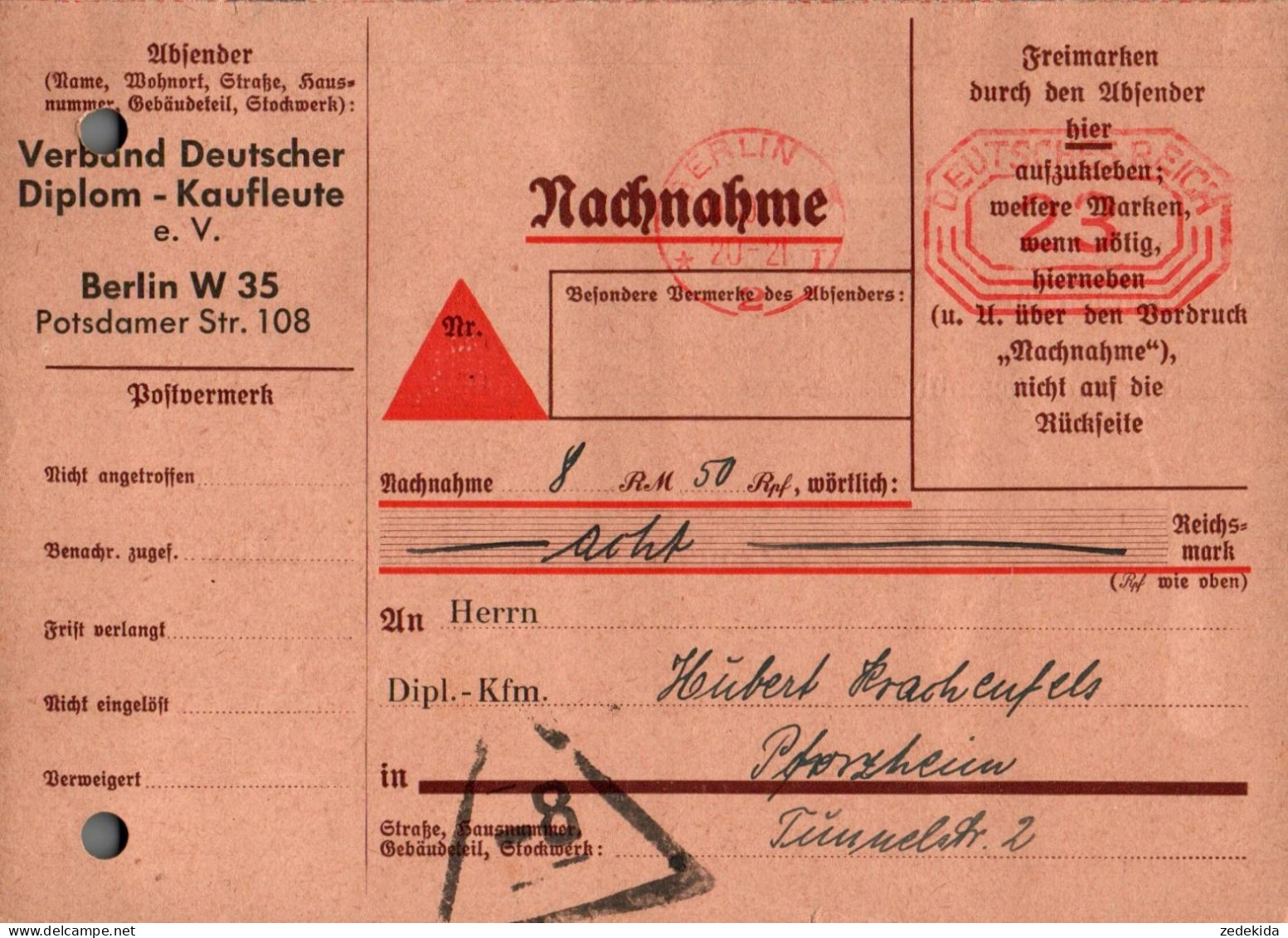 G7451 - Berlin Verband Deutscher Diplom Kaufleute - Nachnahme Zahlschein Freistempel Freistempler - Máquinas Franqueo