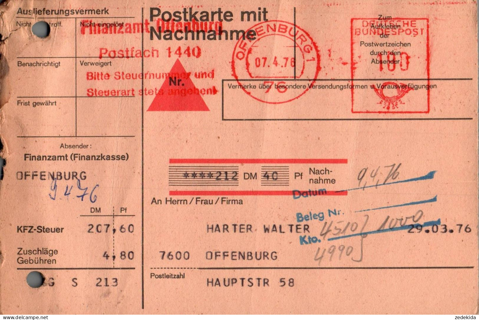 G3238 - Offenburg Nachnahme Finanzamt - Zahlschein Quittung Freistempel Freistempler - Franking Machines (EMA)