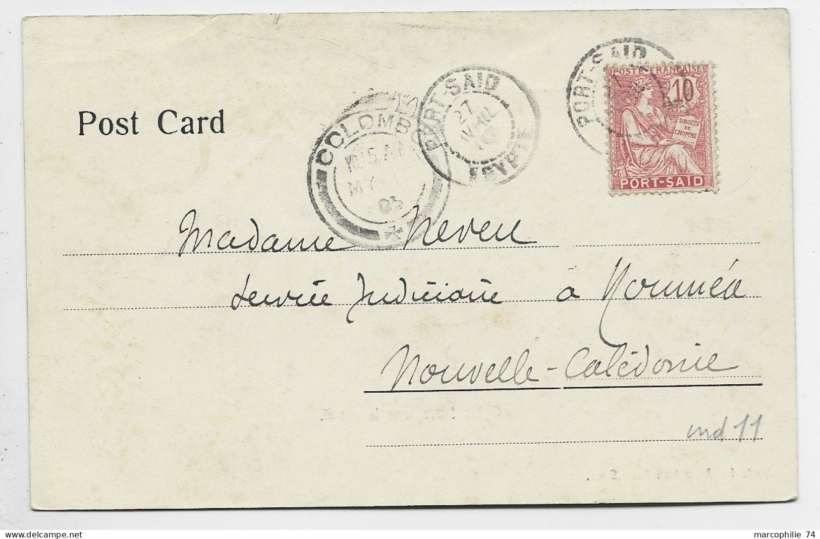 PORT SAID 10C MOUCHON CARTE SUEZ OPHIR TRAVERSANT LE CANAL 1905 POUR NOUMEA NOUVELLE CALEDONIE - Covers & Documents