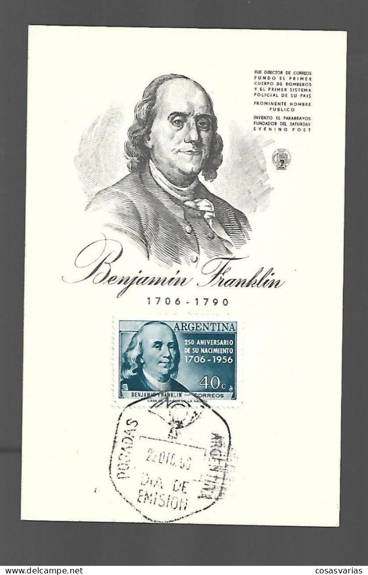 ARGENTINA Aniversario Benjamin Franklin 1956 PRIMER DIA CIRCULACIÓN FIRST OF ISSUE PREMIER JOUR EMISSION - FDC