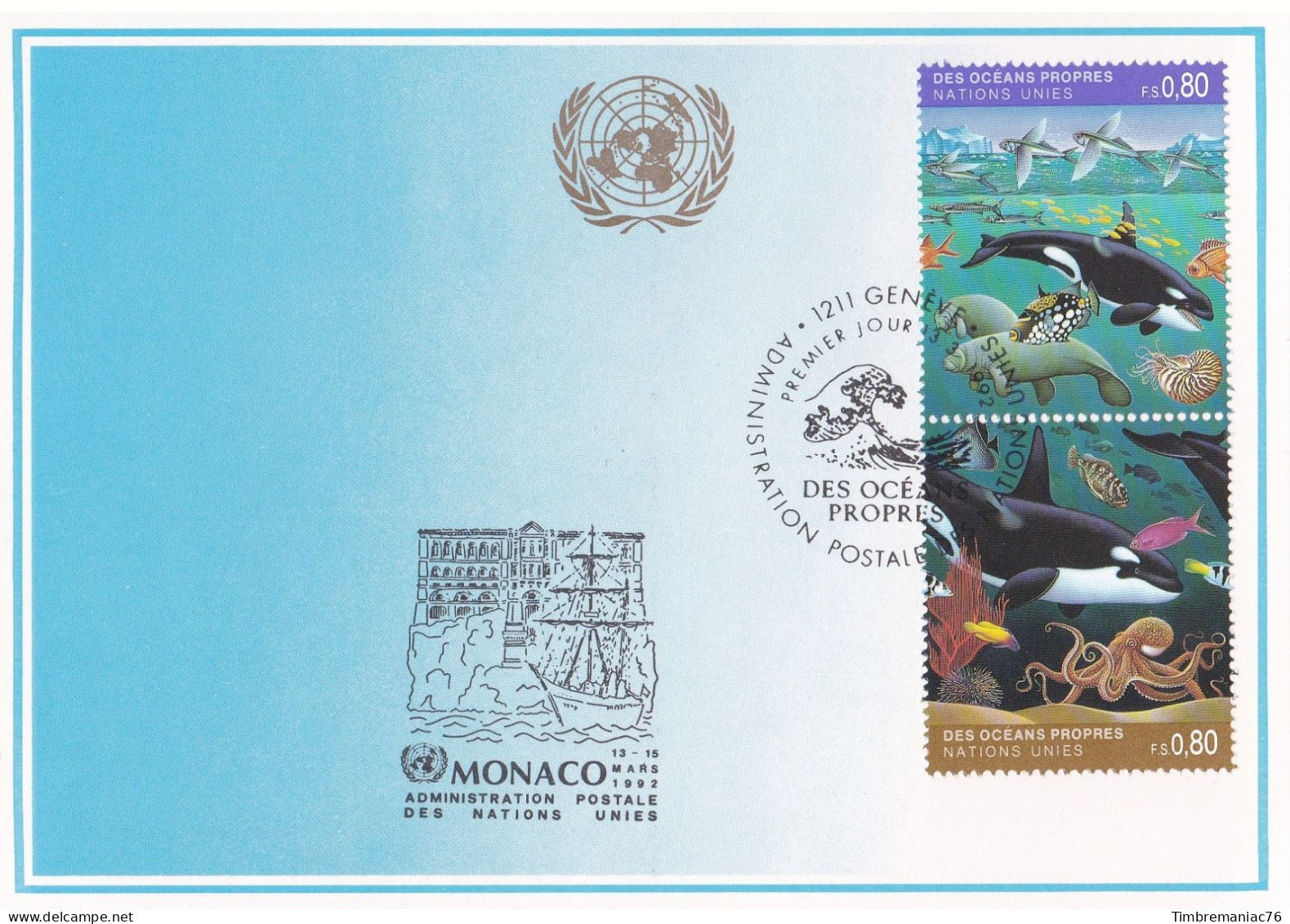 Nations Unies Genève. Carte Postale 1992 YT 225-226 Oblitérés 1er Jour - Maximum Cards