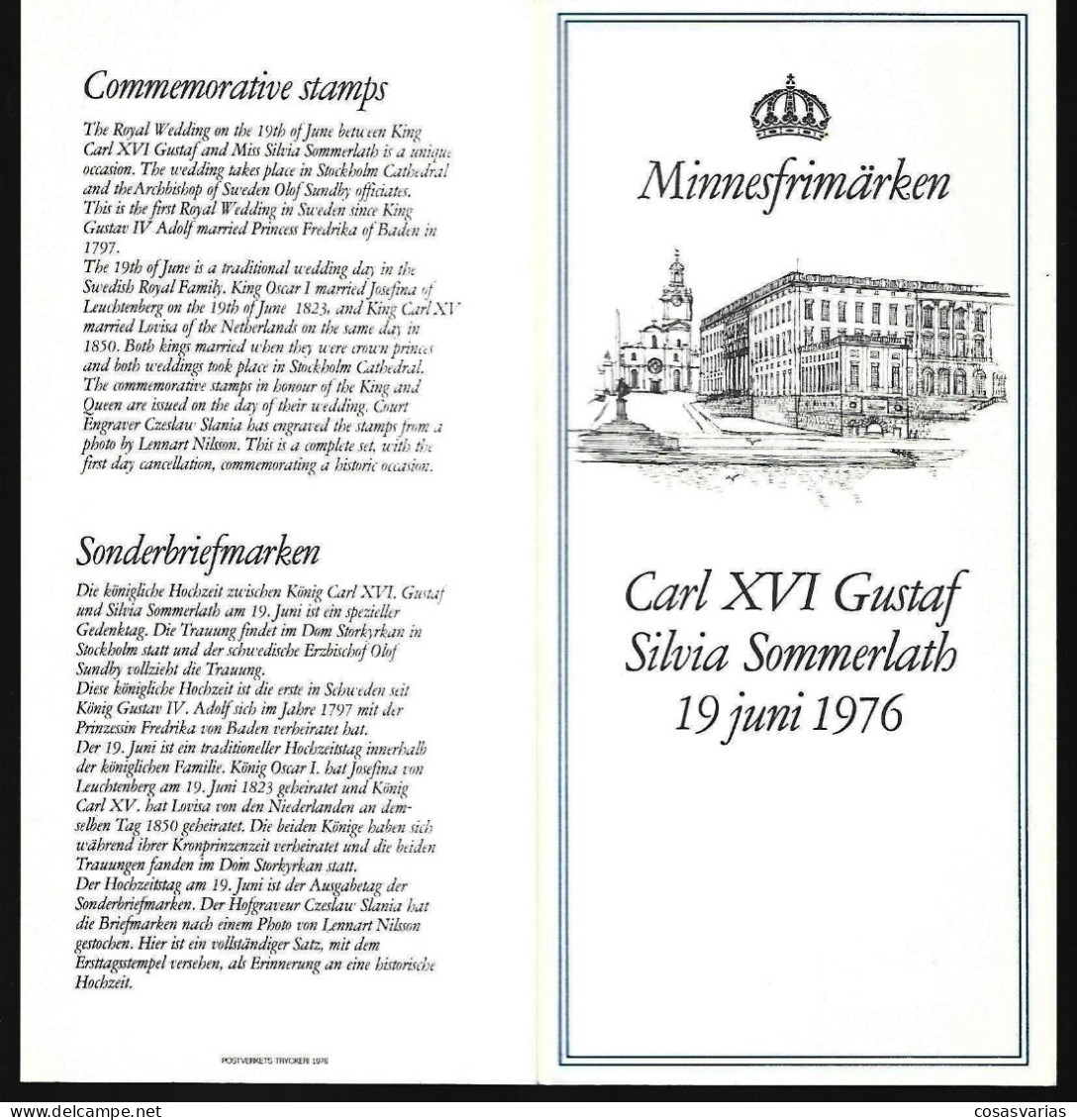 SVERIGE MINNESFRIMARKEN CARL XVI GUSTAF SILVIA SOMMERLATH 1976 COMMEMORATIVE STAMPS ROYAL WEDDING SONDERBRIEFMARKEN - Briefe U. Dokumente