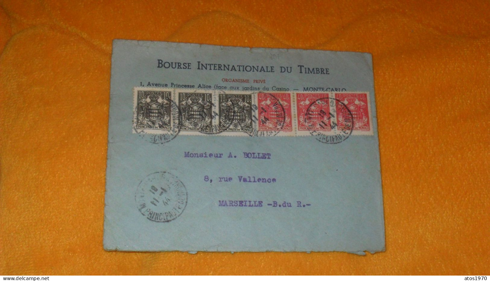 ENVELOPPE ANCIENNE DE 1944../ BOURSE INTERNATIONALE DU TIMBRE MONTE CARLO..POUR MARSEILLE..CACHETS + TIMBRES X6 - Postmarks