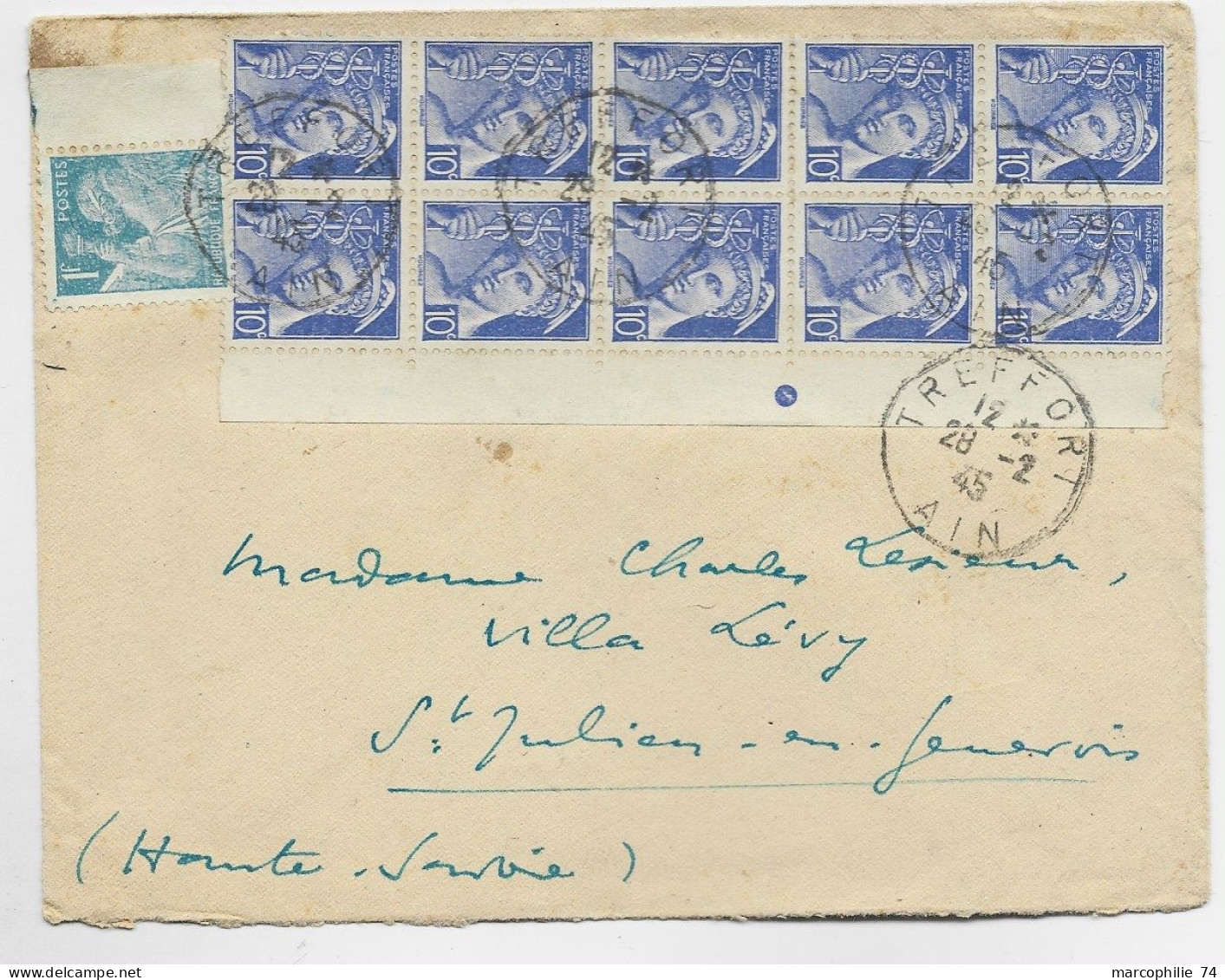 MERCURE 10C BLOC DE 10 +1FR IRIS TURQUOISE LETTRE TREFFORT 28.2.1945 AIN DERNIER JOUR DU TARIF A 2FR - 1938-42 Mercure