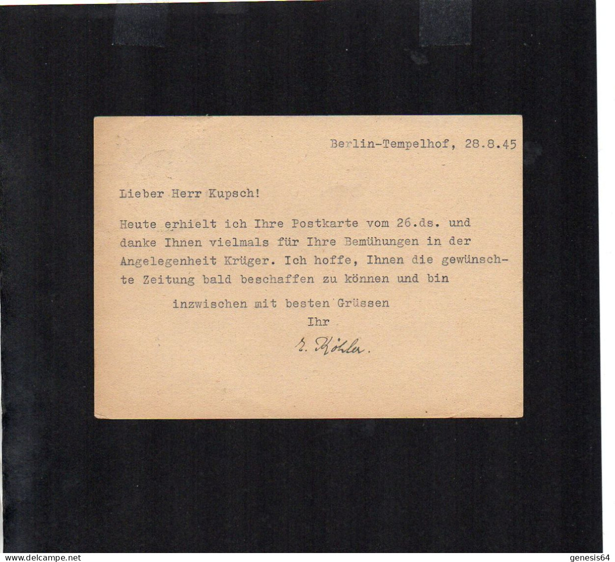 Berlin Brandenburg - 6 Pfg Auf Postkarte Von "Berlin (Tempelof 3) 28.8.45" - P1 (1ZKSBZ006) - Berlin & Brandenburg