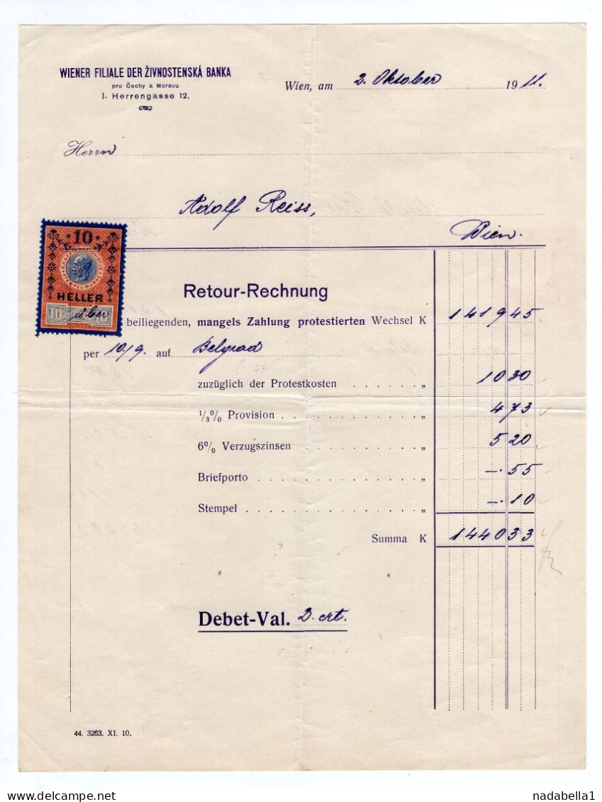 1911. AUSTRIA,VIENNA,CZECHOSLOVAKIA,ZIVNOSTENSKA BANK,VIENNA OFFICE,INVOICE,10 HELLER REVENUE STAMP - Cheques En Traveller's Cheques