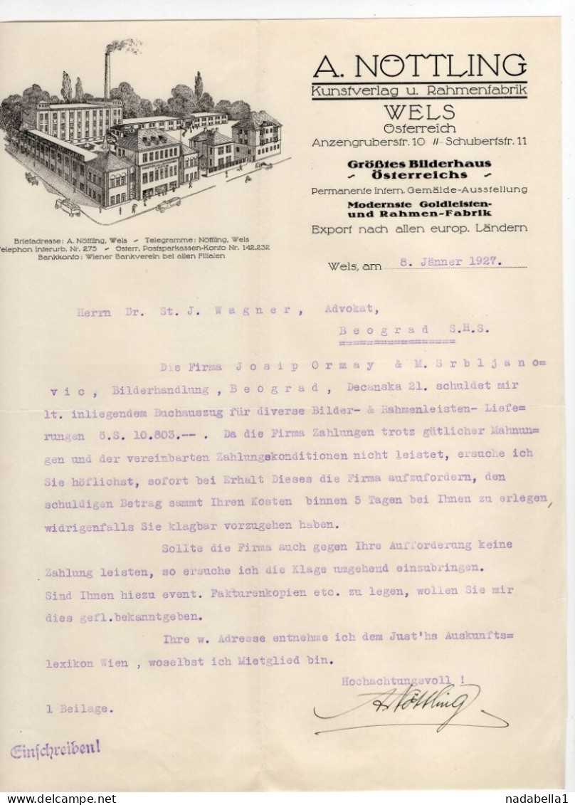 1929. AUSTRIA,WELS,A. NOTTLING ART AND FRAME HANDLERS LETTERHEAD,LETTER TO BELGRADE,SERBIA - Oostenrijk