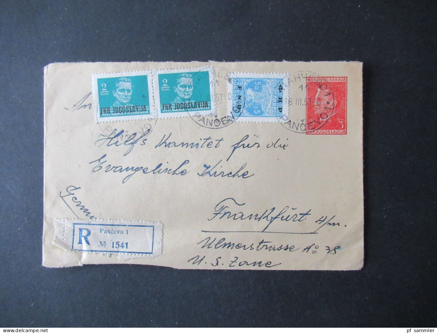Jugoslawien 1951 GA Umschlag Mit 3x Zustzfrankaturen Marken Mit Aufdruck FNR / Einschreiben Pancevo - Briefe U. Dokumente
