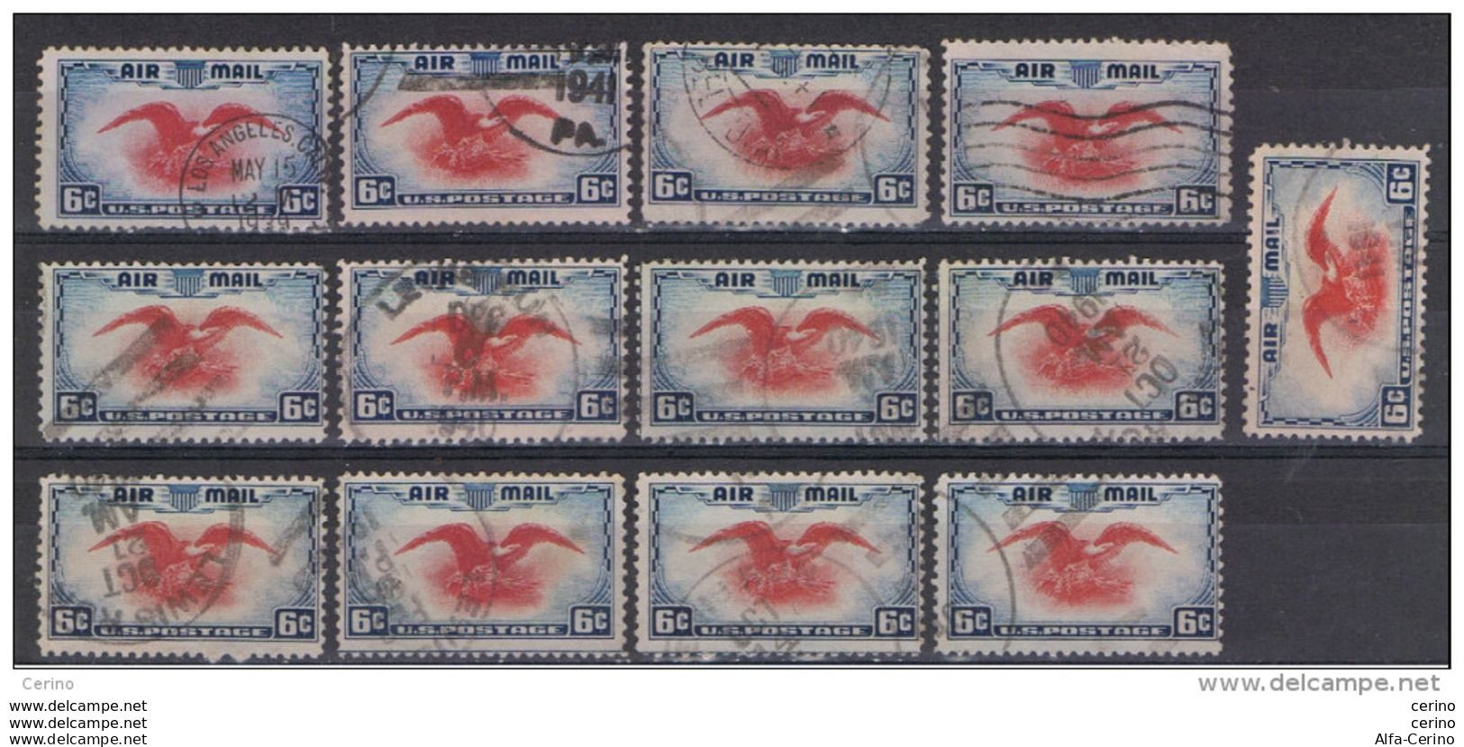 U.S.A.:  1938  AIR  MAIL  EAGLE  -  6 C. USED  STAMPS  -  REP.  13  EXEMPLARY  -  YV/TELL. 24 - 1a. 1918-1940 Oblitérés