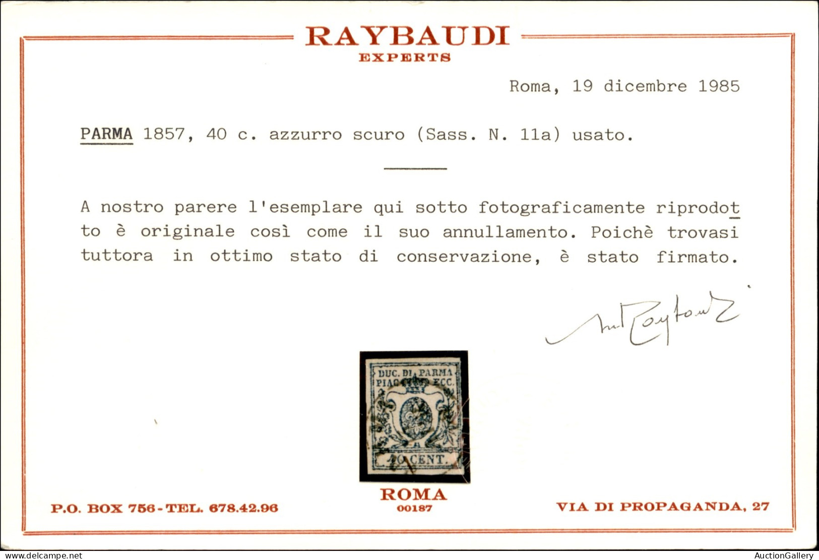 Antichi Stati Italiani - Parma - 1857 - 40 Cent (11a - Azzurro Scuro) Usato - Cert. Raybaudi (1.200) - Otros & Sin Clasificación