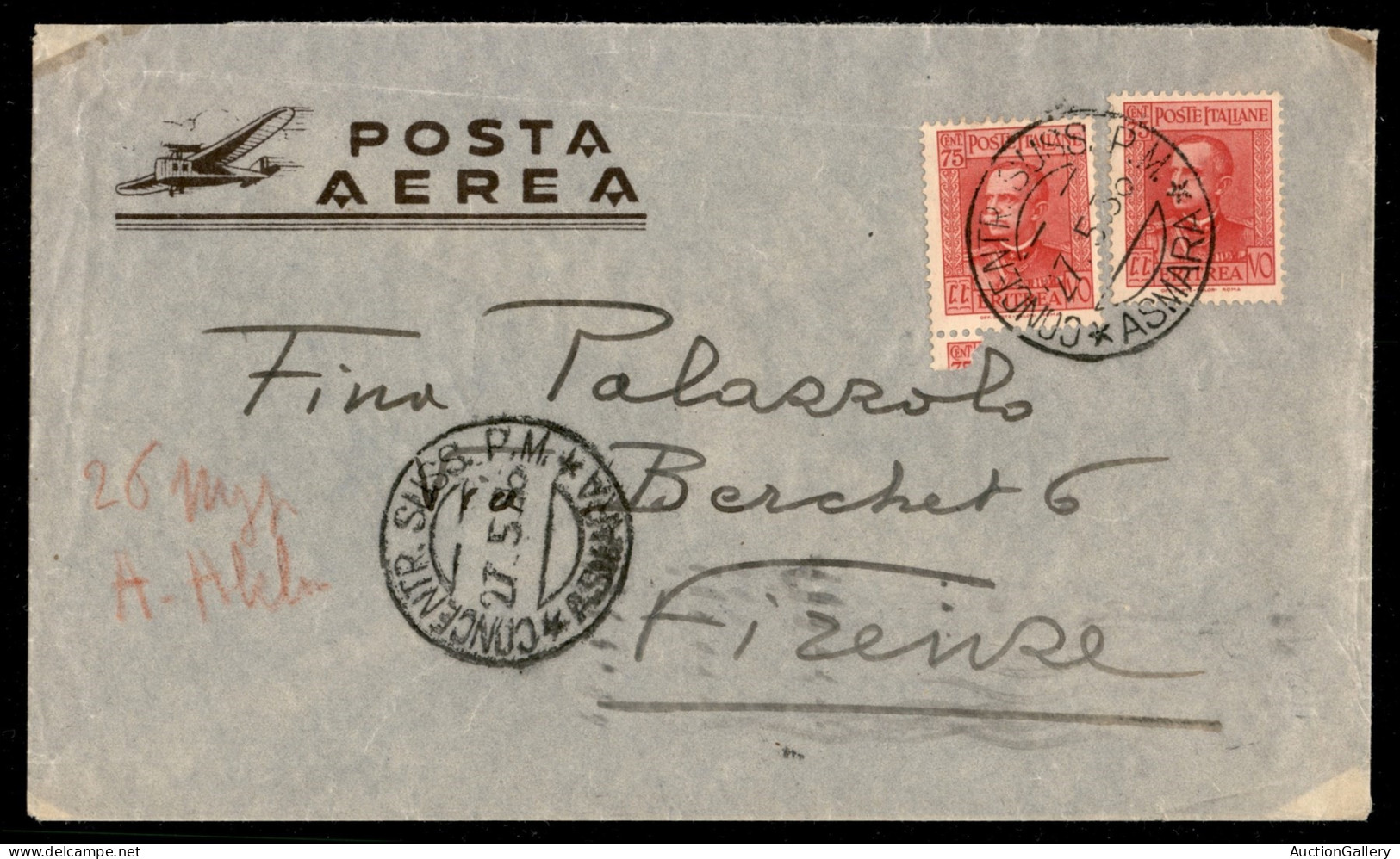 Colonie - Africa Orientale Italiana - Asmara Concentr. Suss. P.M. - Due 75 Cent (200 - Eritrea) Su Aerogramma Per Firenz - Otros & Sin Clasificación