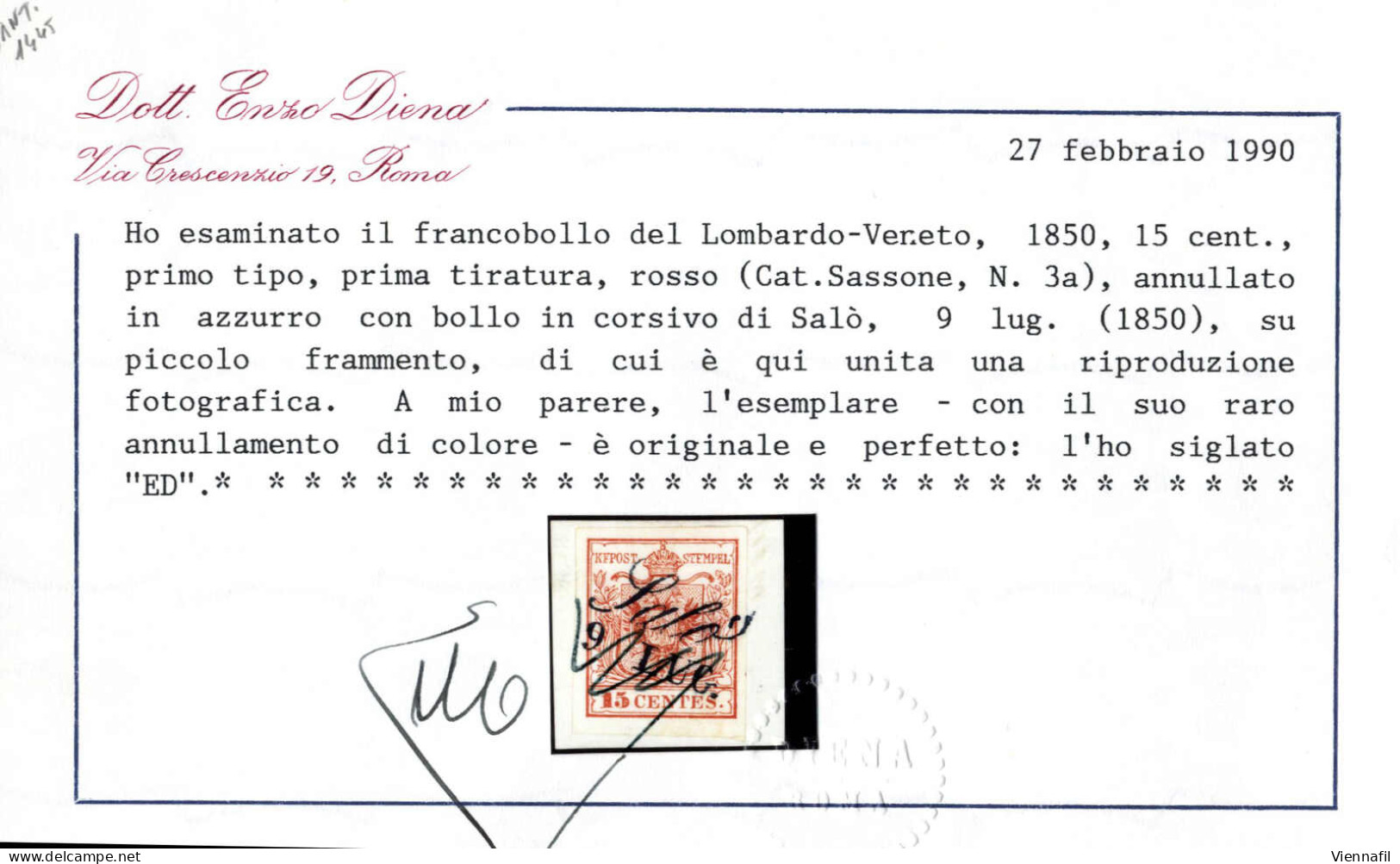 Piece 1850, Salò, (Cor. Azzurro Punti 12) Frammento Del 9.7.1850 Affrancato Con 15 C. Rosso I Tipo Prima Tiratura Carta  - Lombardy-Venetia