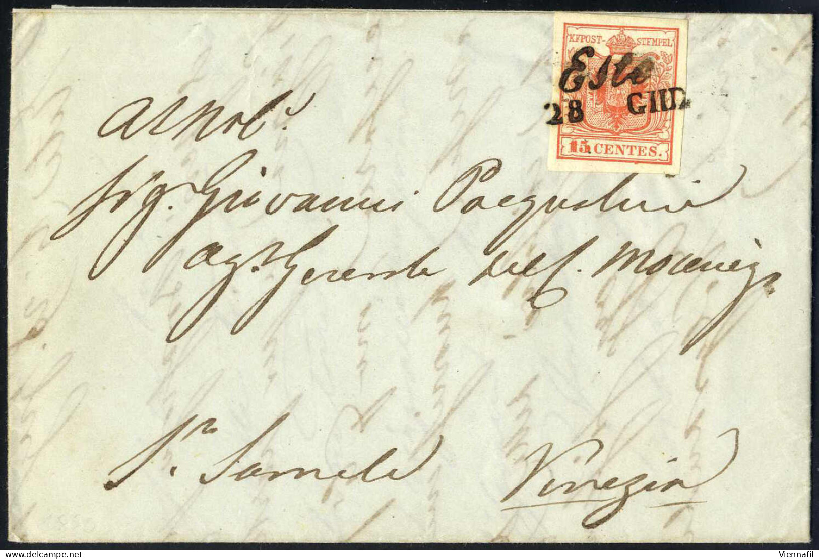 Cover 1850. Este, (Cor. Punti 5) Lettera Del 28.6.1850 Ventottesimo Giorno D'uso Per Venezia Affrancata Con 15 C. Rosso  - Lombardije-Venetië