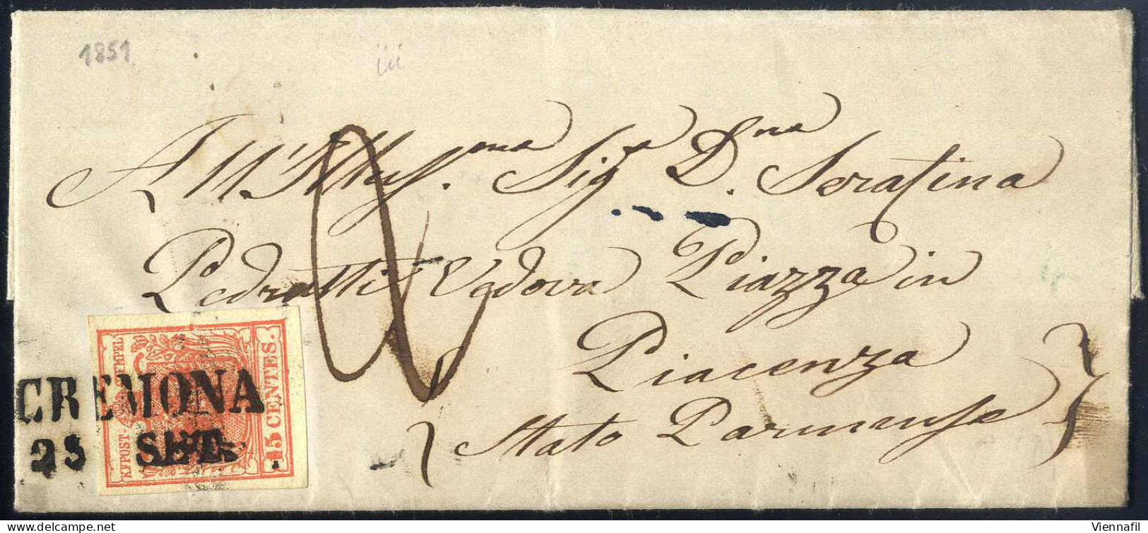 Cover 1851, Lettera Da Cremona Del 23.9 Per Piacenza Affrancata Con 15 C. Rosso I Tipo Carta A Mano, Sass. 3 - Lombardo-Vénétie