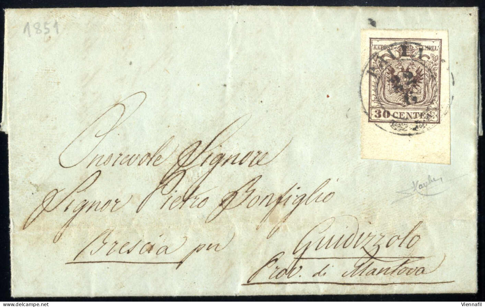 Cover 1851, Lettera Da Pavia Del 22.6 Per Giudizzolo Affrancata Con 30 C. Bruno Scuro I Tipo Prima Tiratura Carta A Mano - Lombardo-Vénétie