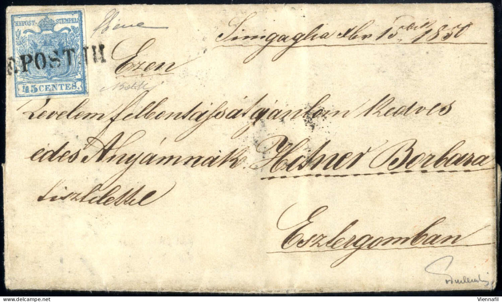 Cover 1850, F.POST.III (SD Punti R2) Lettera Da Senigallia Il 15.12 Per Esztergom (Austria) Affrancata Con 45 C. Azzurro - Lombardo-Vénétie