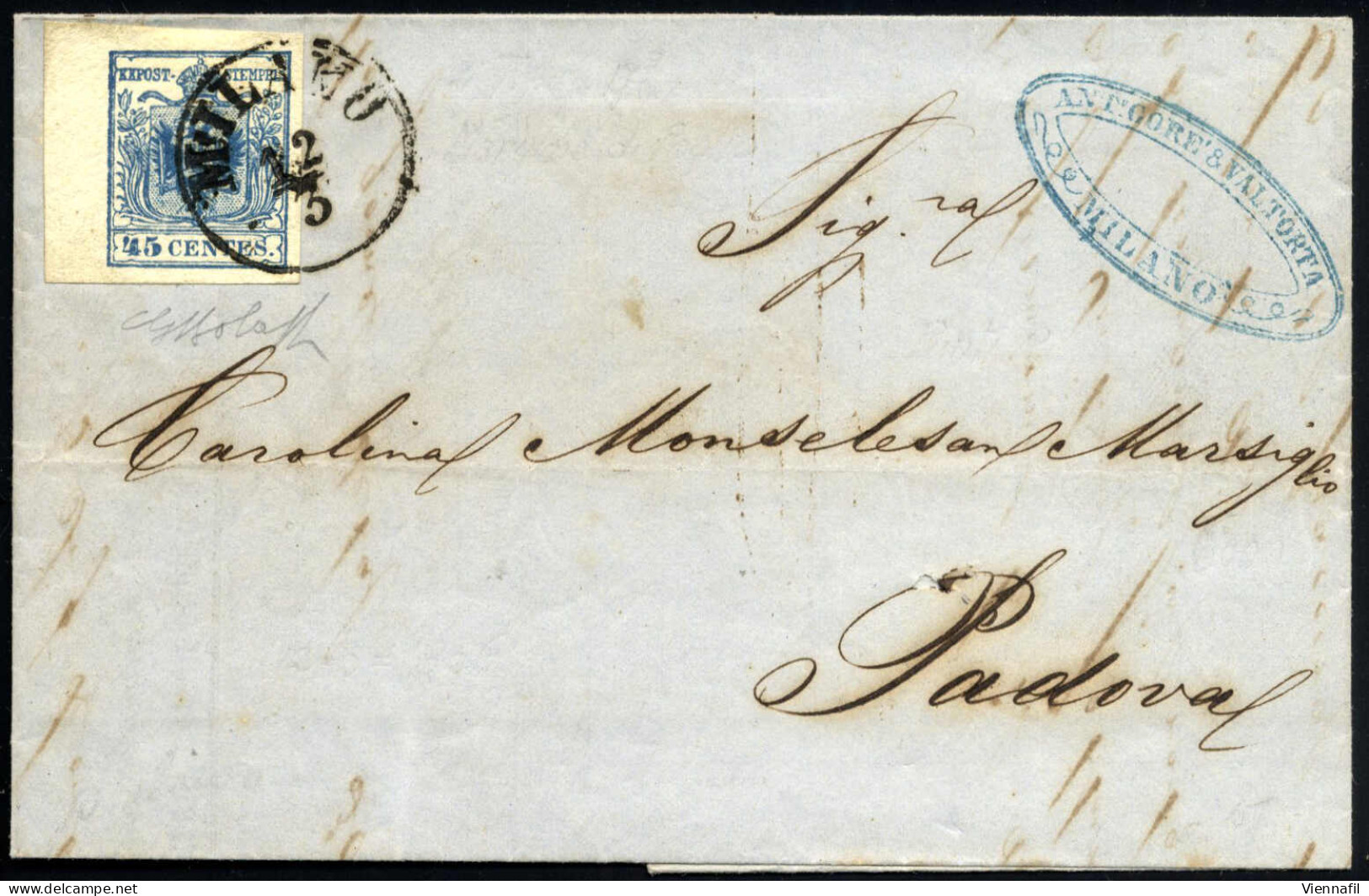 Cover 1856, Lettera Da Milano Del 12.3 Per Padova Affrancata Con 45 C. Azzurro III Tipo Carta A Mano, Bordo Di Foglio A  - Lombardije-Venetië