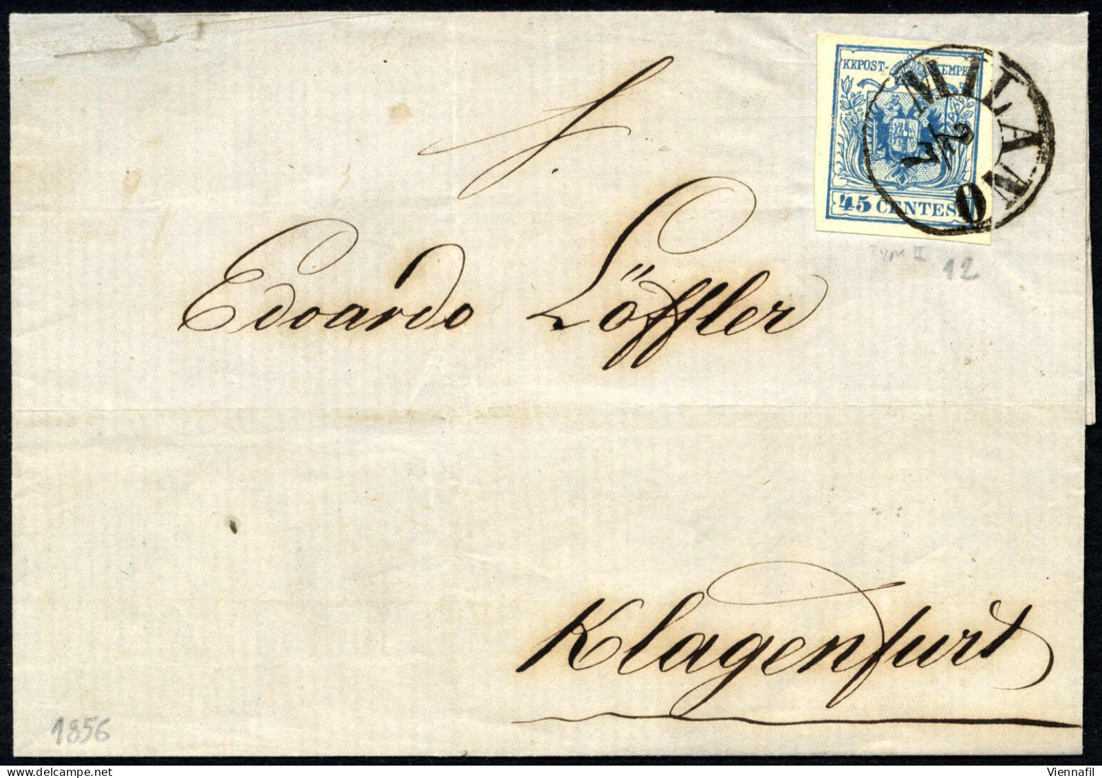 Cover 1856, Lettera Da Milano Del 2.7 Per Klagenfurt (Austria) Affrancata Con 45 C. Azzurro III Tipo Carta A Mano, Sass. - Lombardije-Venetië