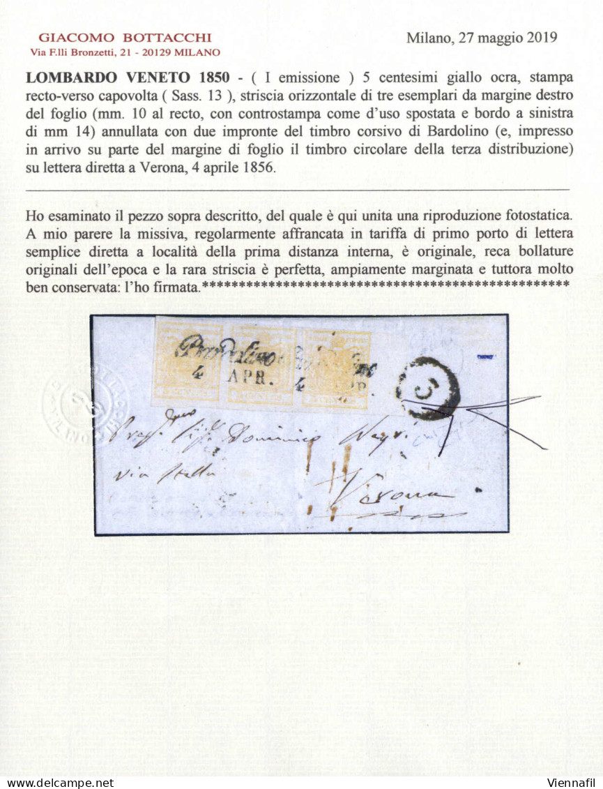 Cover 1856, Lettera Da Bardolino (Cor. Punti 5) Per Verona Affrancata Con Striscia Di Tre Del 5 C. Giallo Ocra, Bordo Di - Lombardo-Vénétie